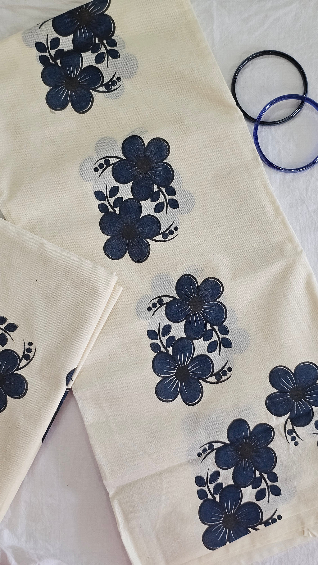 Dark blue floral motifs cotton set mundu - KM304