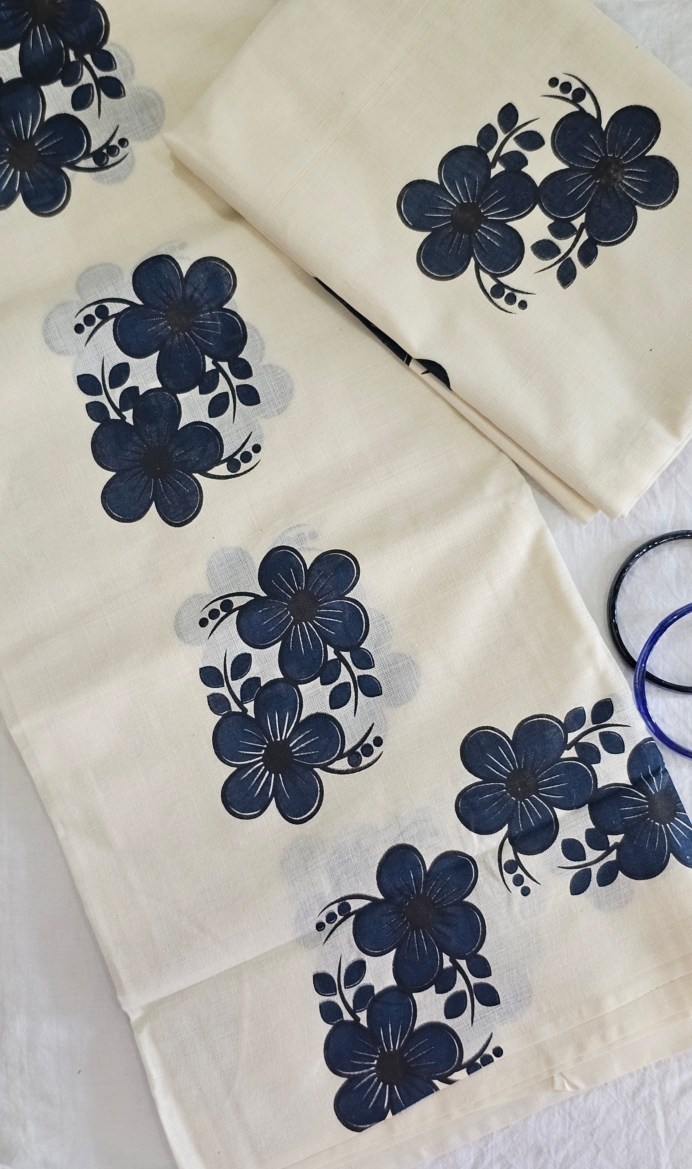 Dark blue floral motifs cotton set mundu - KM304