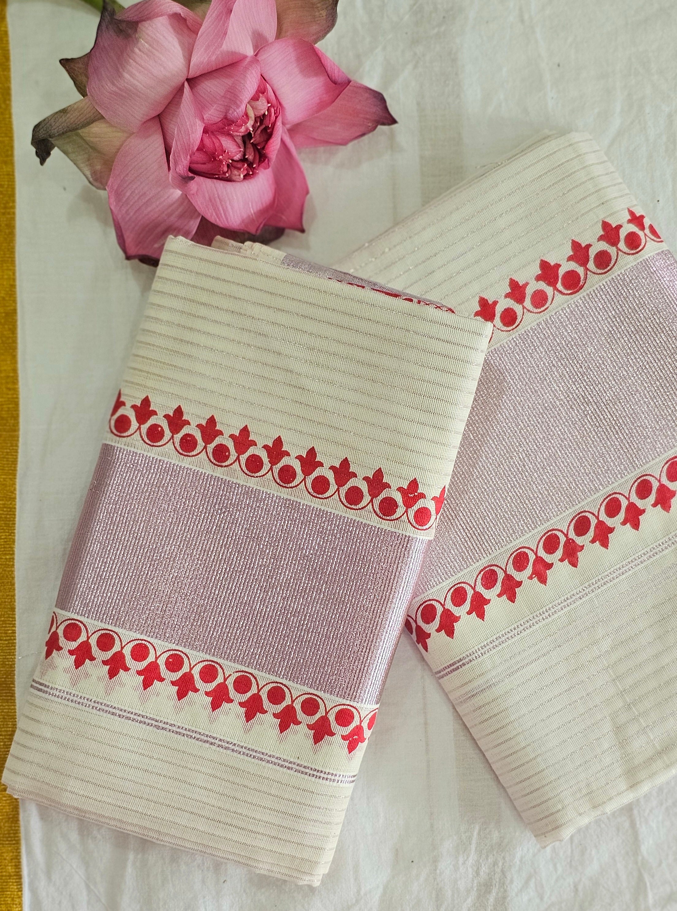 Cotton lines set mundu with rose copper kasavu - KM302