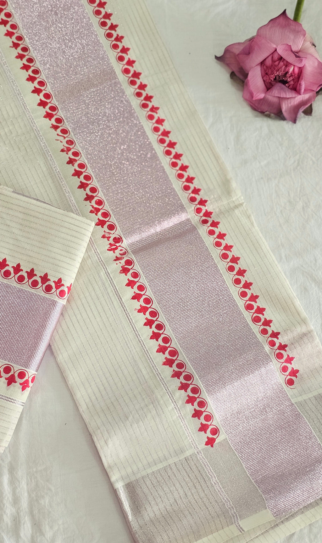 Cotton lines set mundu with rose copper kasavu - KM302