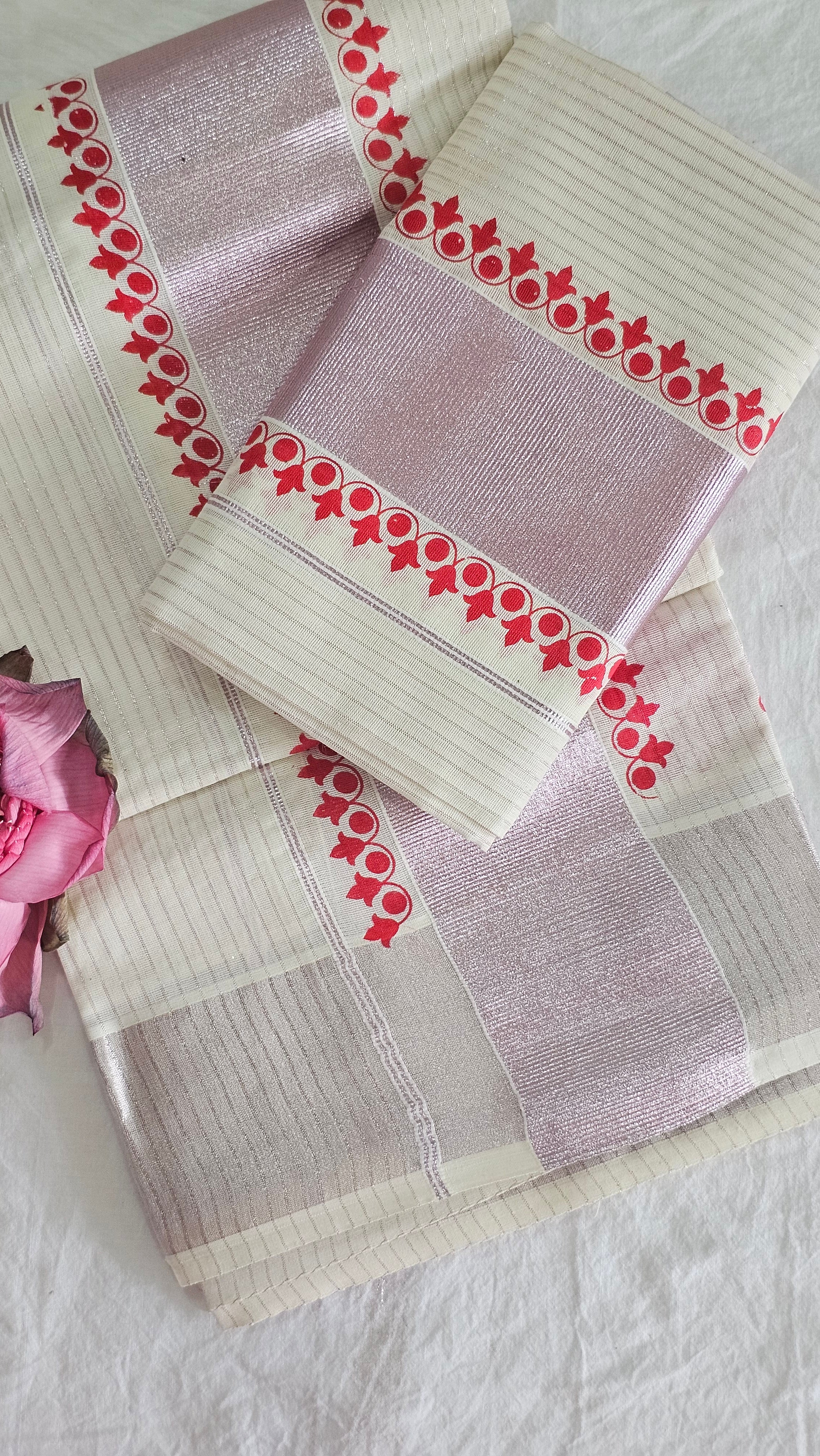 Cotton lines set mundu with rose copper kasavu - KM302