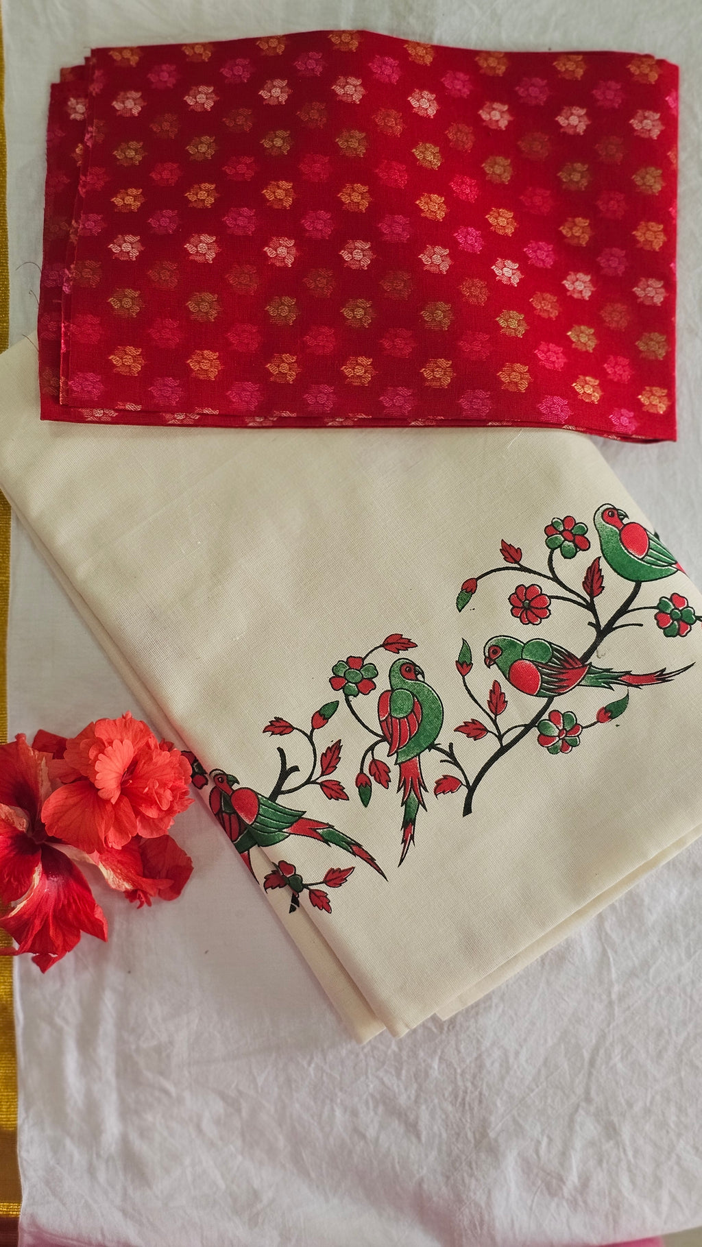 Parrot prints cotton set saree with blouse piece - KM315