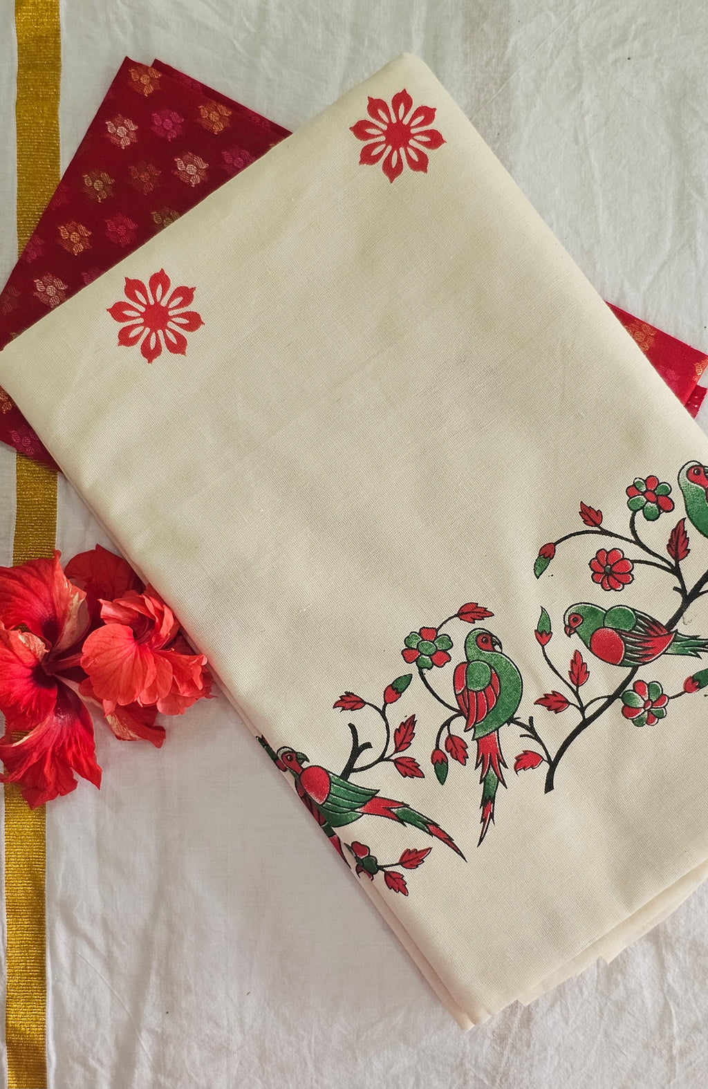 Parrot prints cotton set saree with blouse piece - KM315