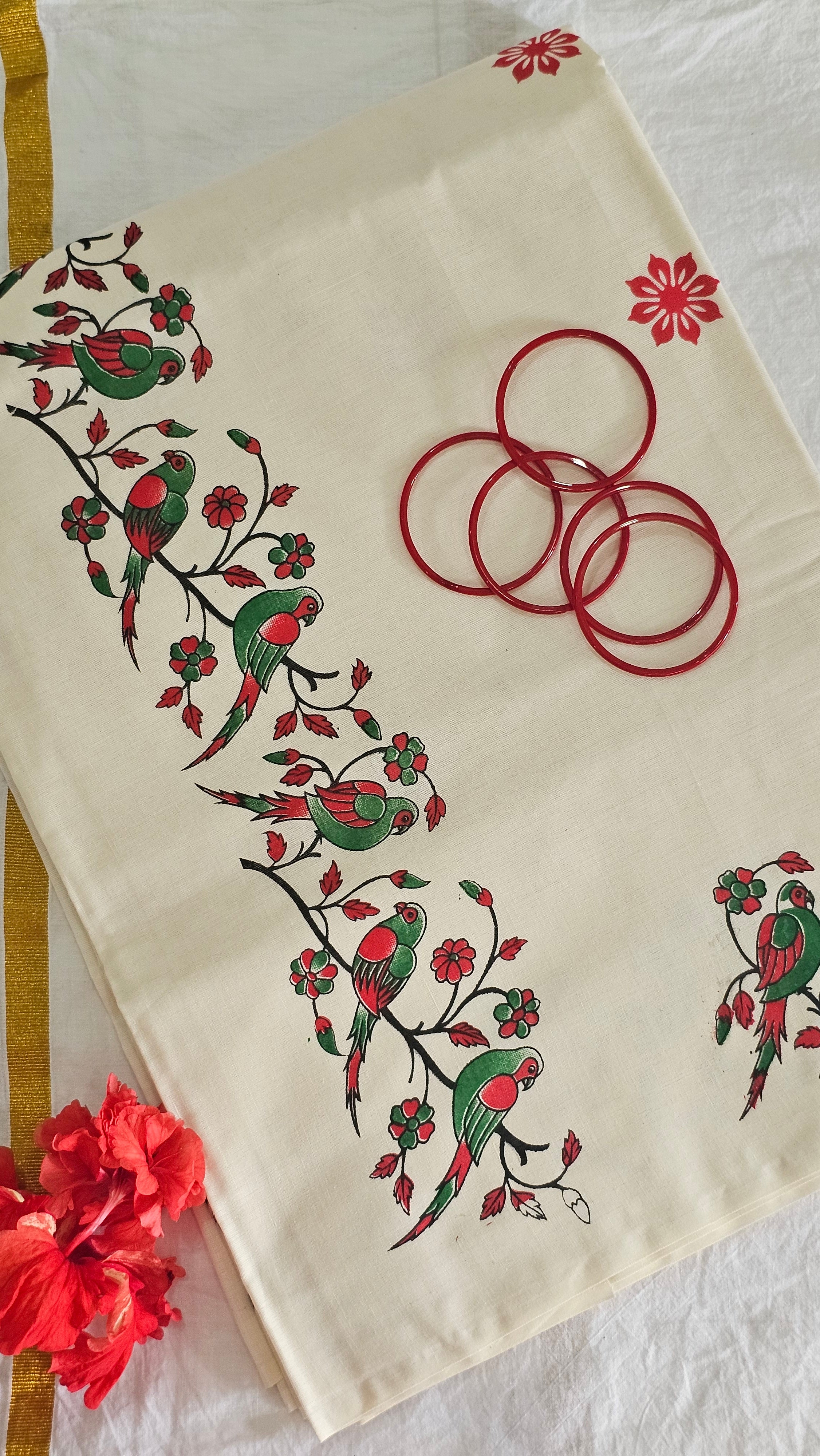 Parrot prints cotton set saree with blouse piece - KM315