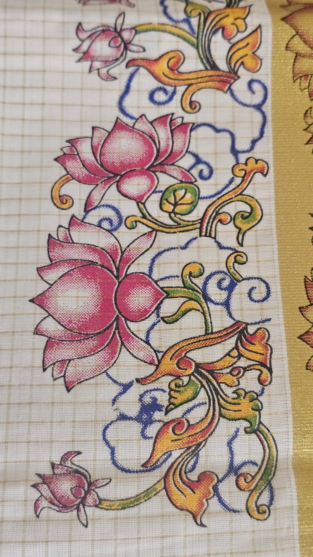 Micro check Lotus motif kasavu set saree - KM316