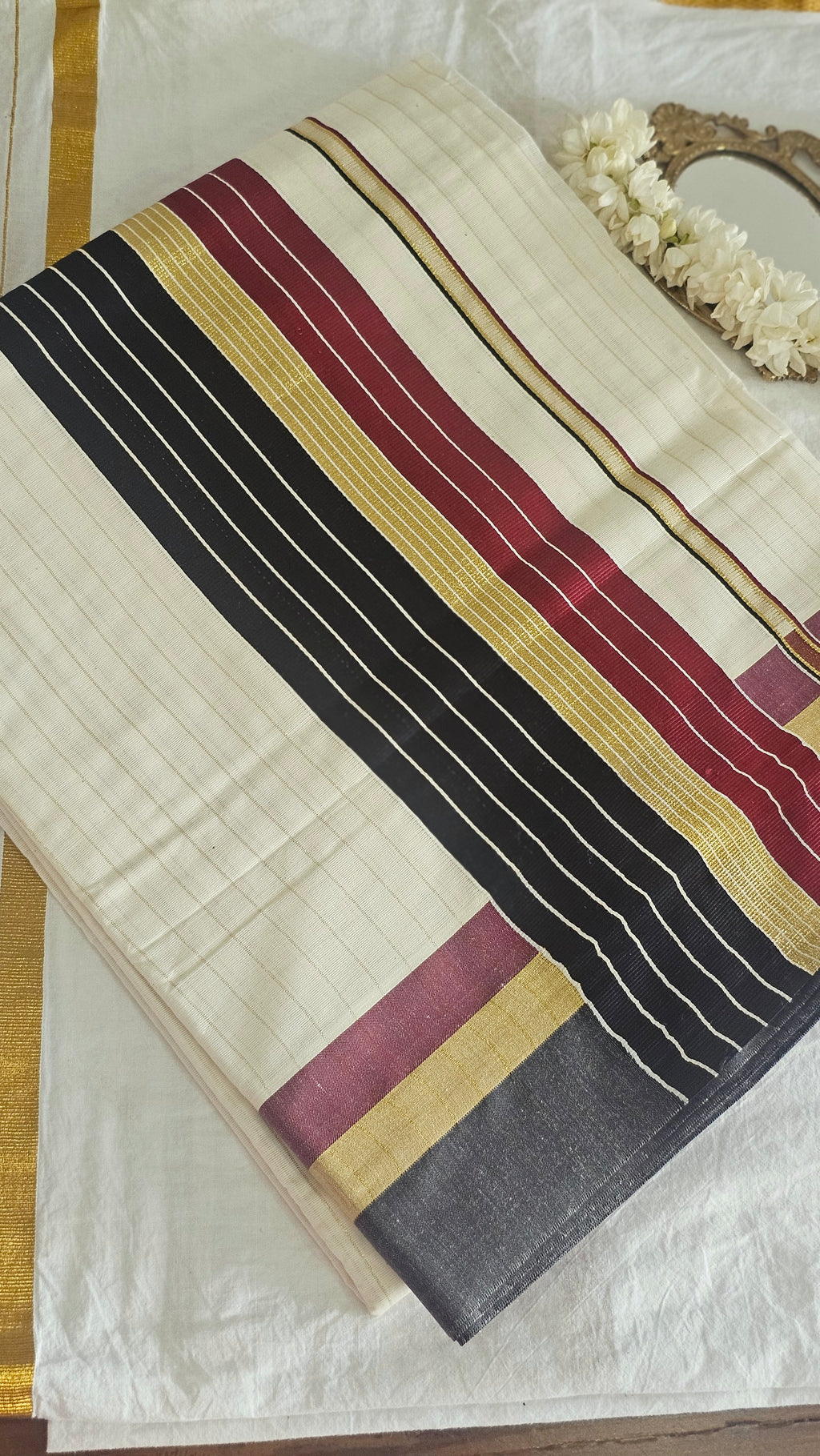 Maroon & Black with gold fine lines set saree - KM317