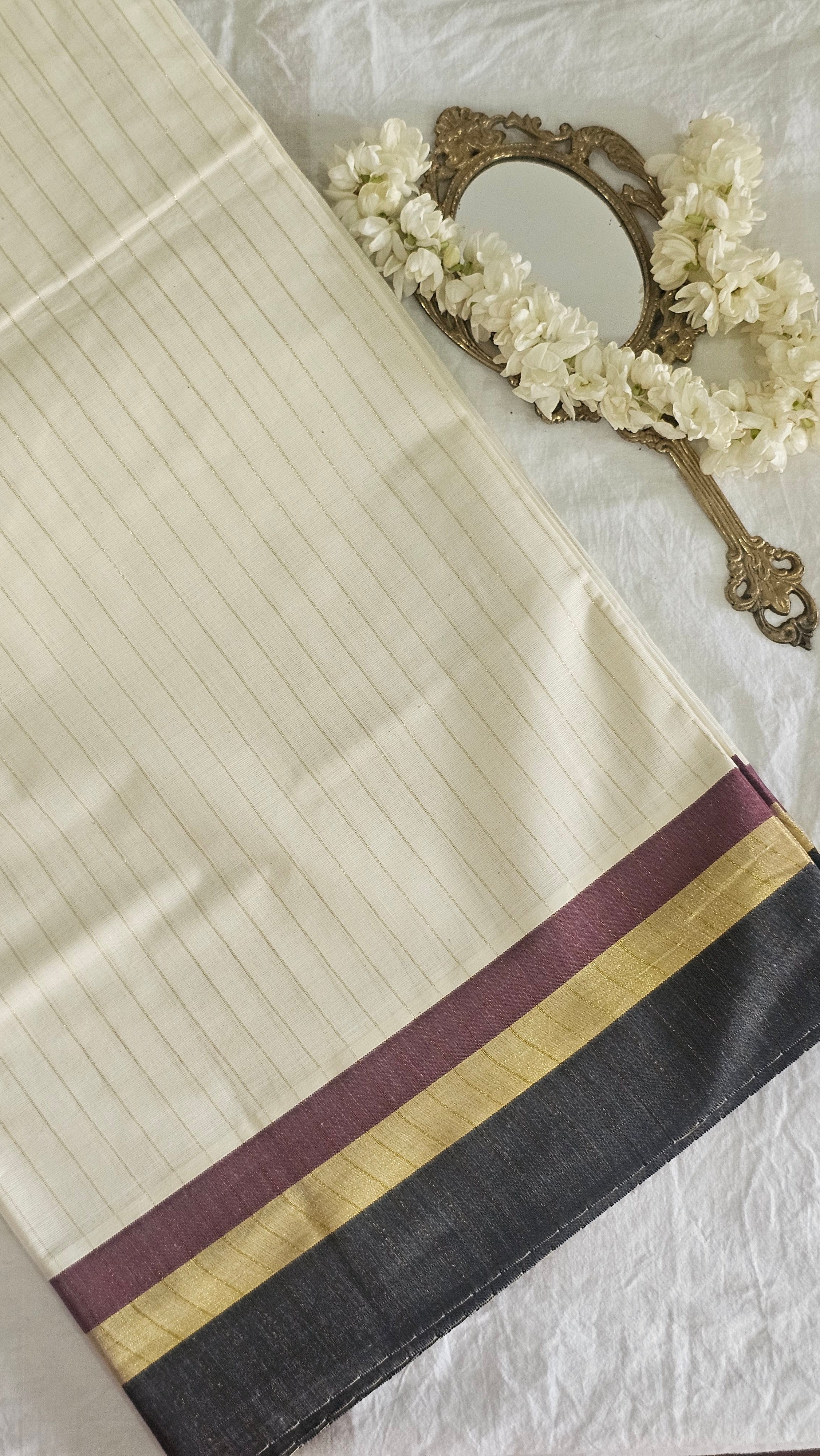 Maroon & Black with gold fine lines set saree - KM317