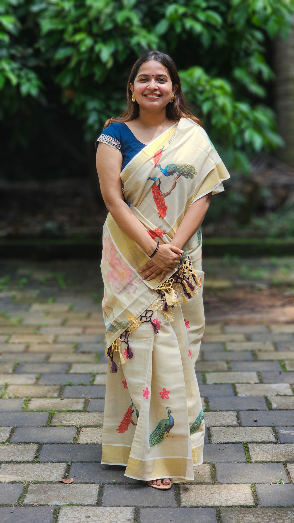 Peacock design Kerala tissue set saree with tassels - KM320