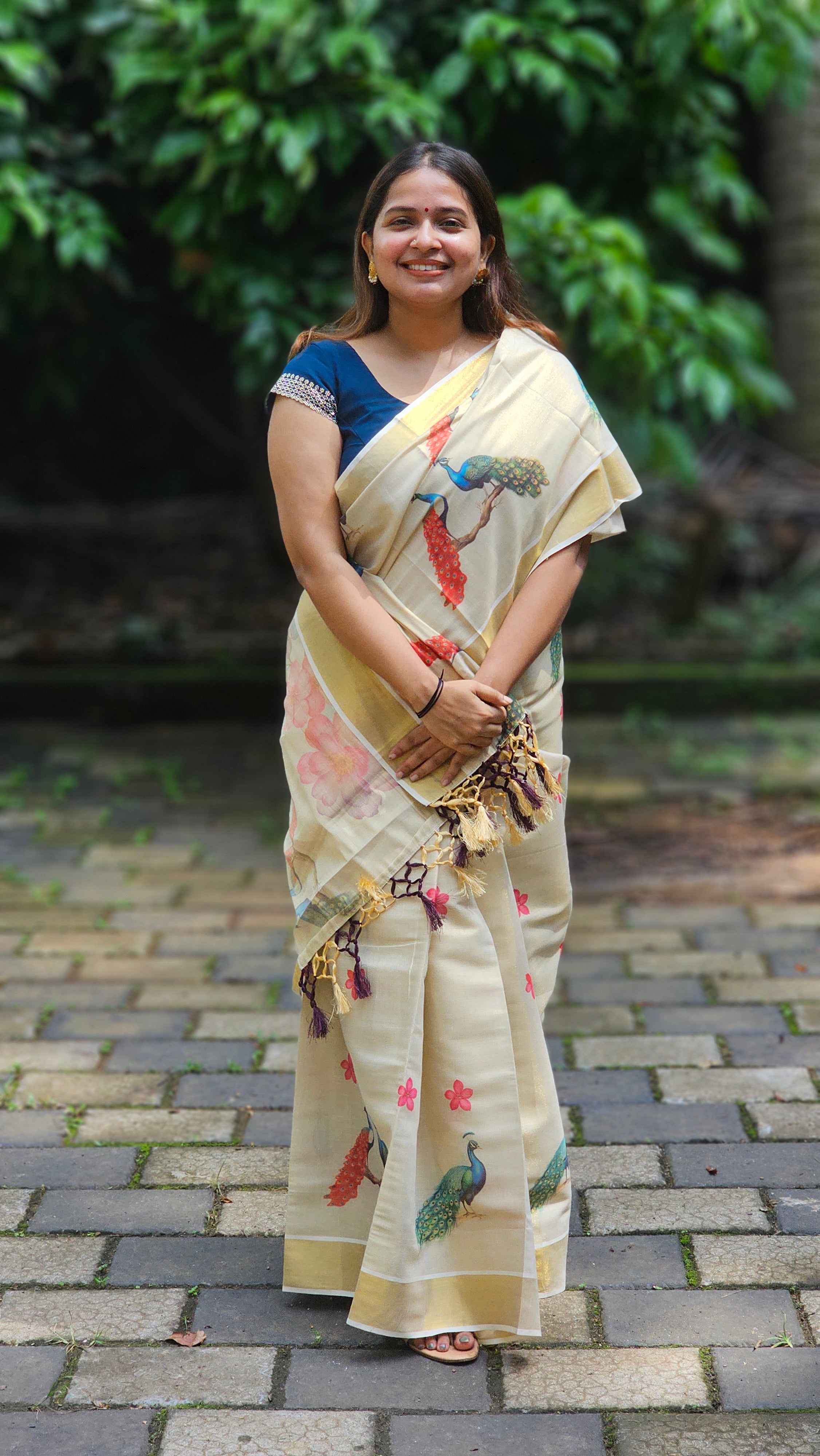 Peacock design Kerala tissue set saree with tassels - KM320