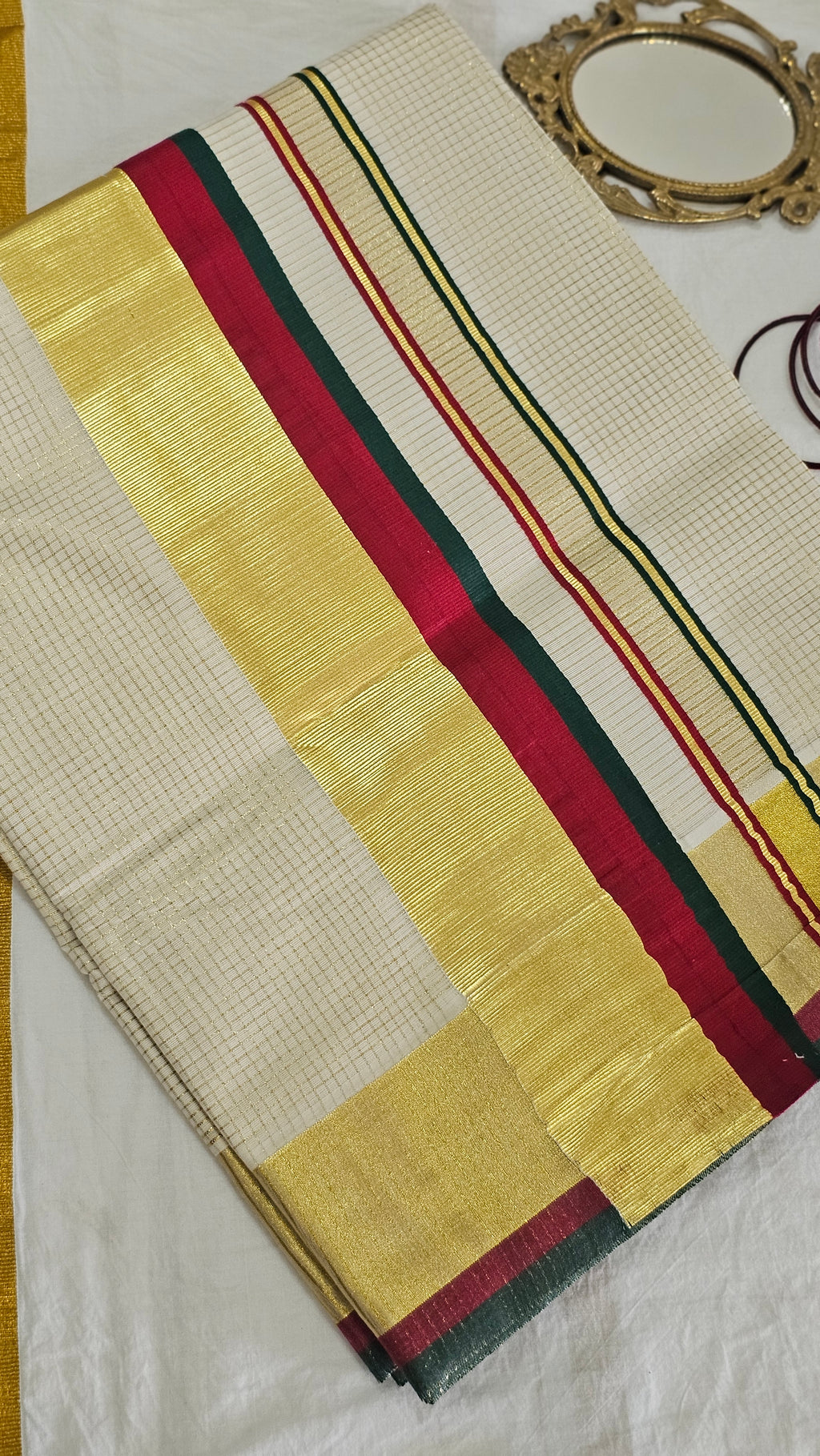 Micro-Check & Green-Red Stripe Kasavu Set Saree - KM319