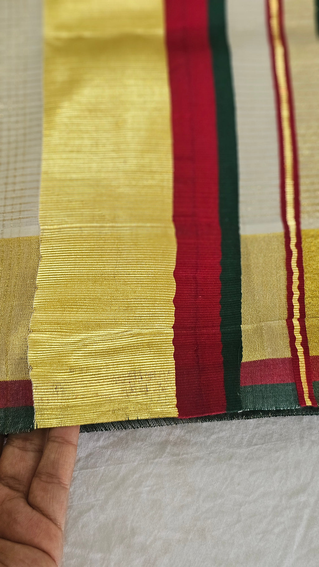 Micro-Check & Green-Red Stripe Kasavu Set Saree - KM319