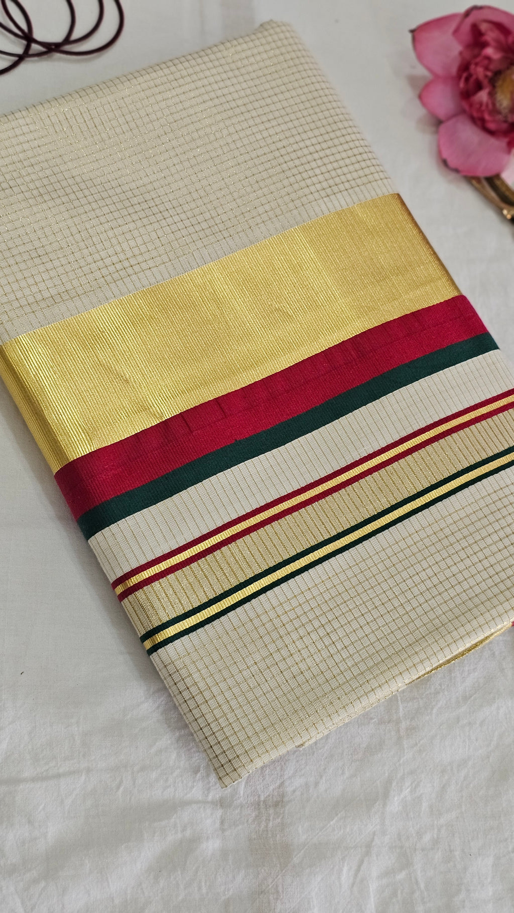 Micro-Check & Green-Red Stripe Kasavu Set Saree - KM319