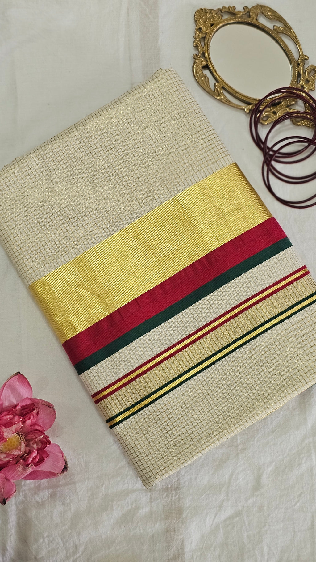 Micro-Check & Green-Red Stripe Kasavu Set Saree - KM319
