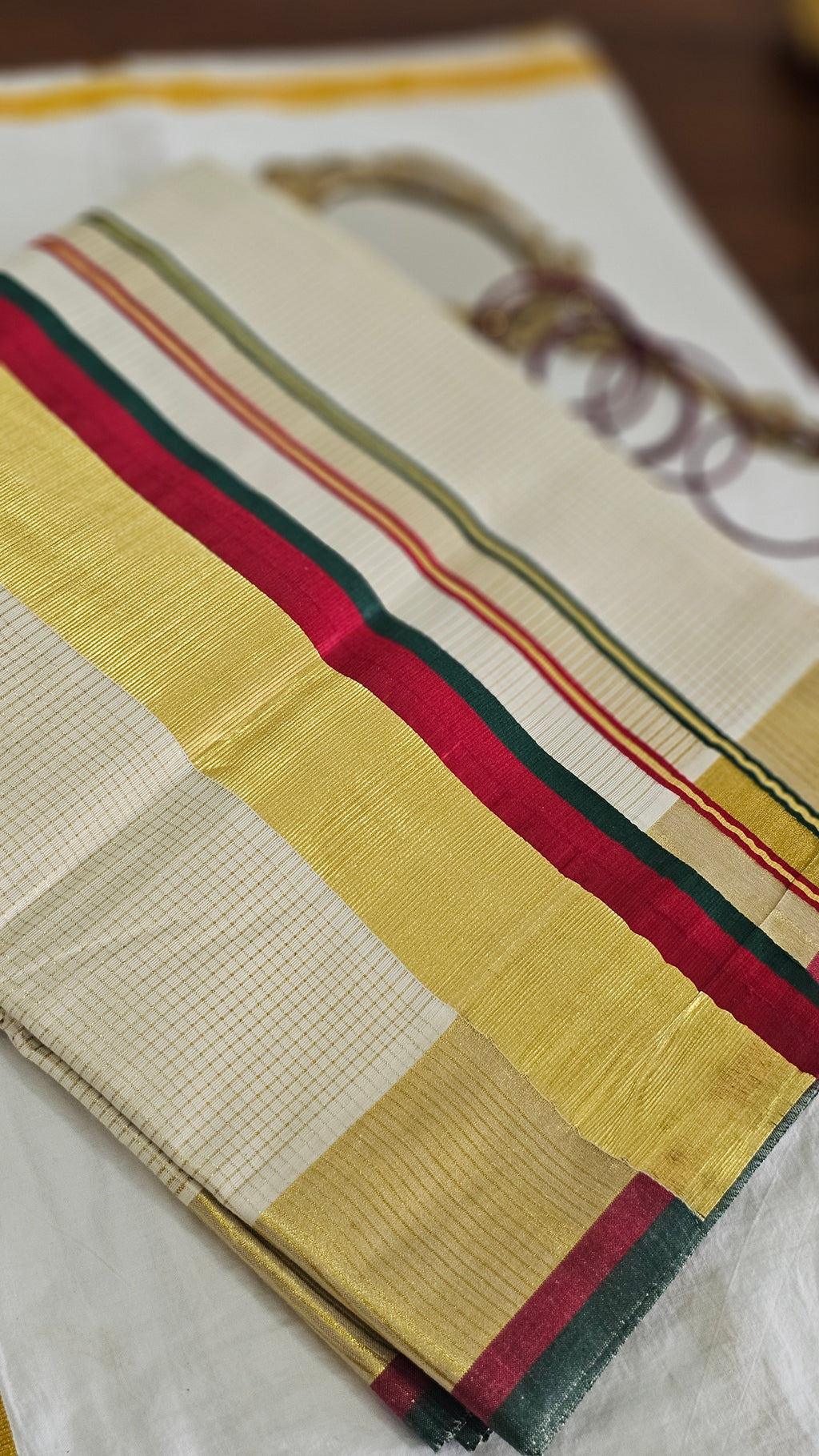 Micro-Check & Green-Red Stripe Kasavu Set Saree - KM319