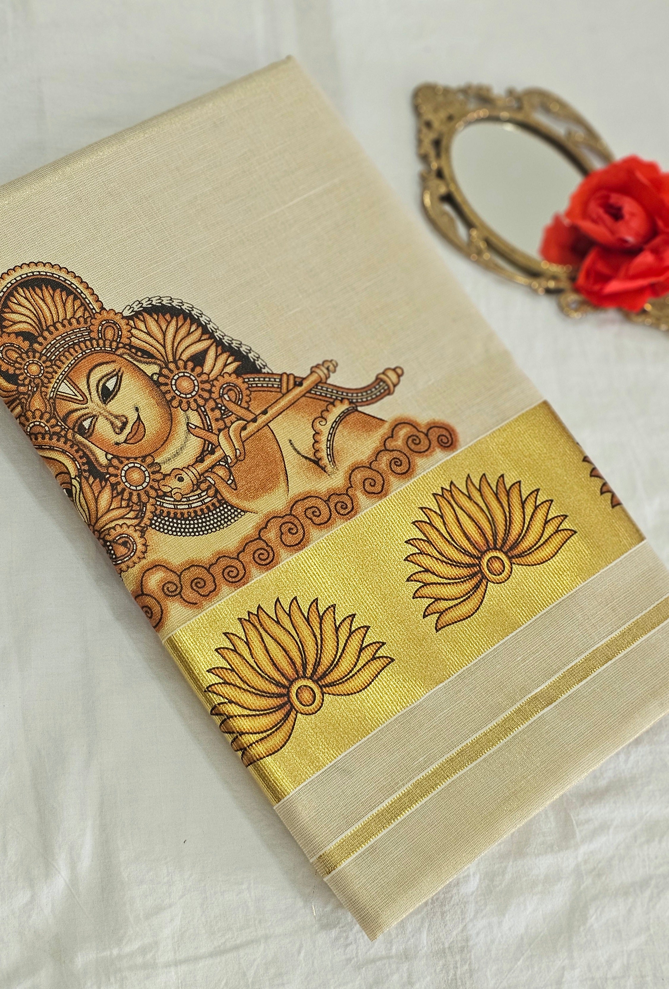 Krishna mural print kasavu set saree - KM322