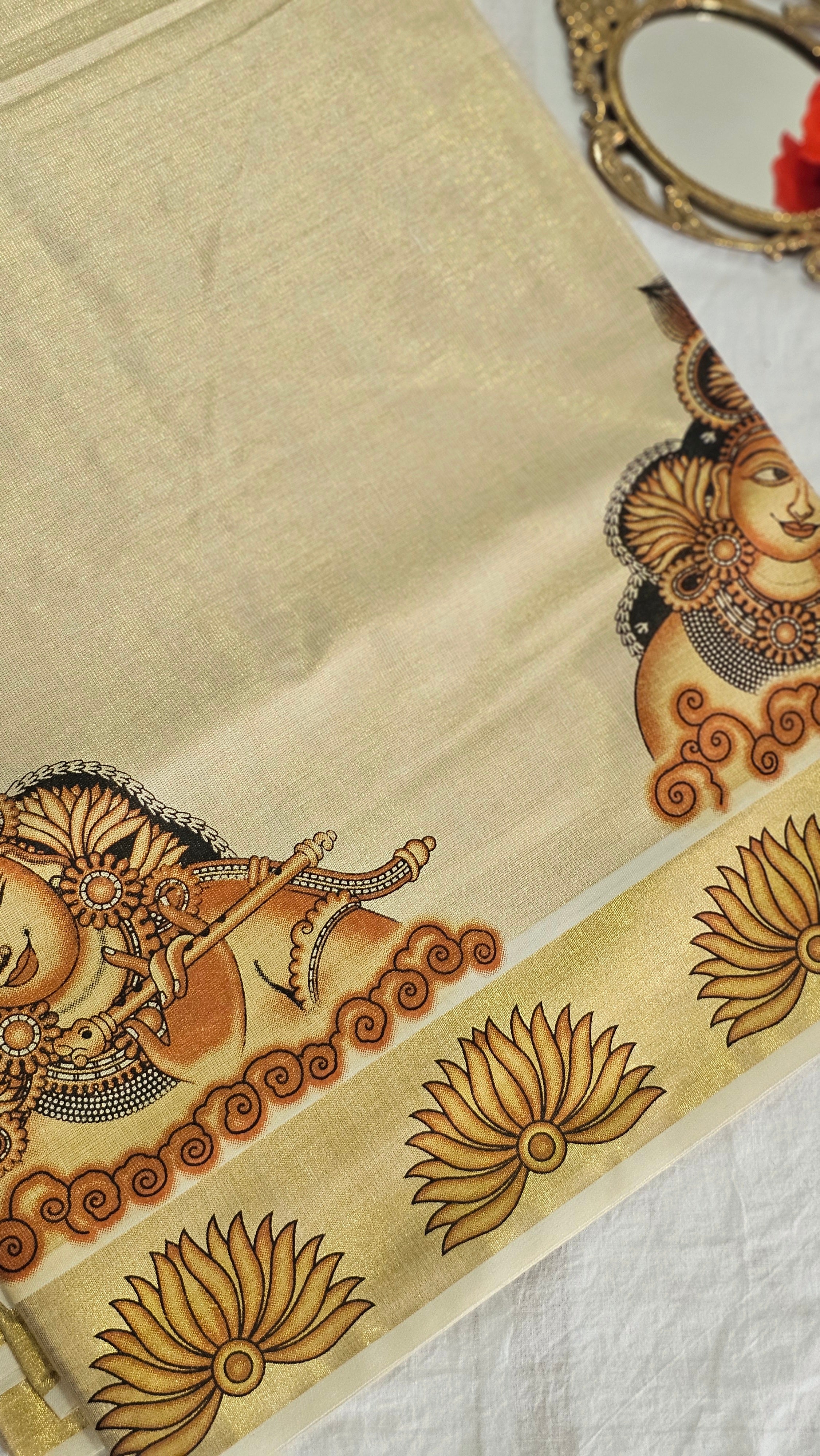 Krishna mural print kasavu set saree - KM322