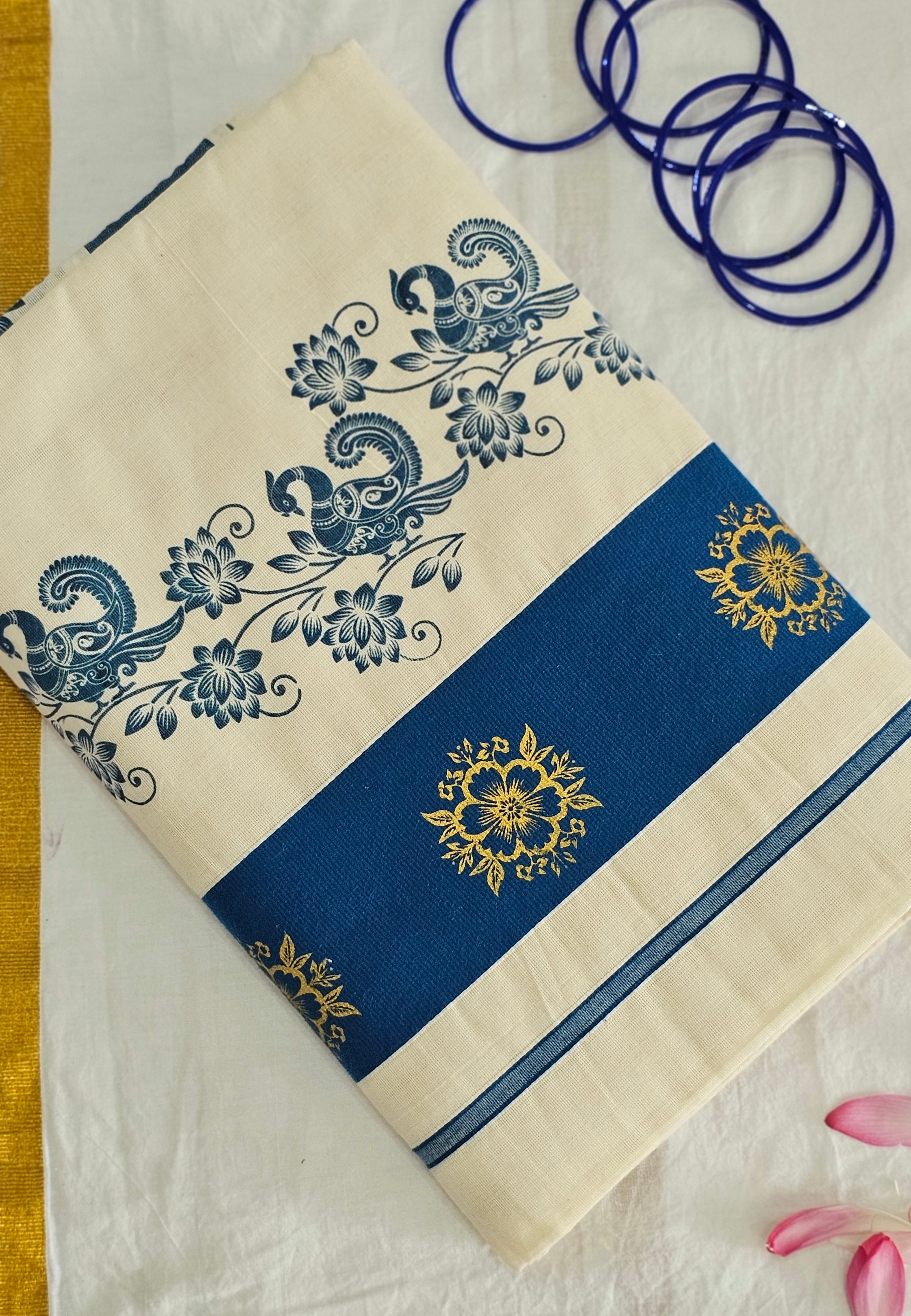 Blue floral motif Cotton set saree - KM318