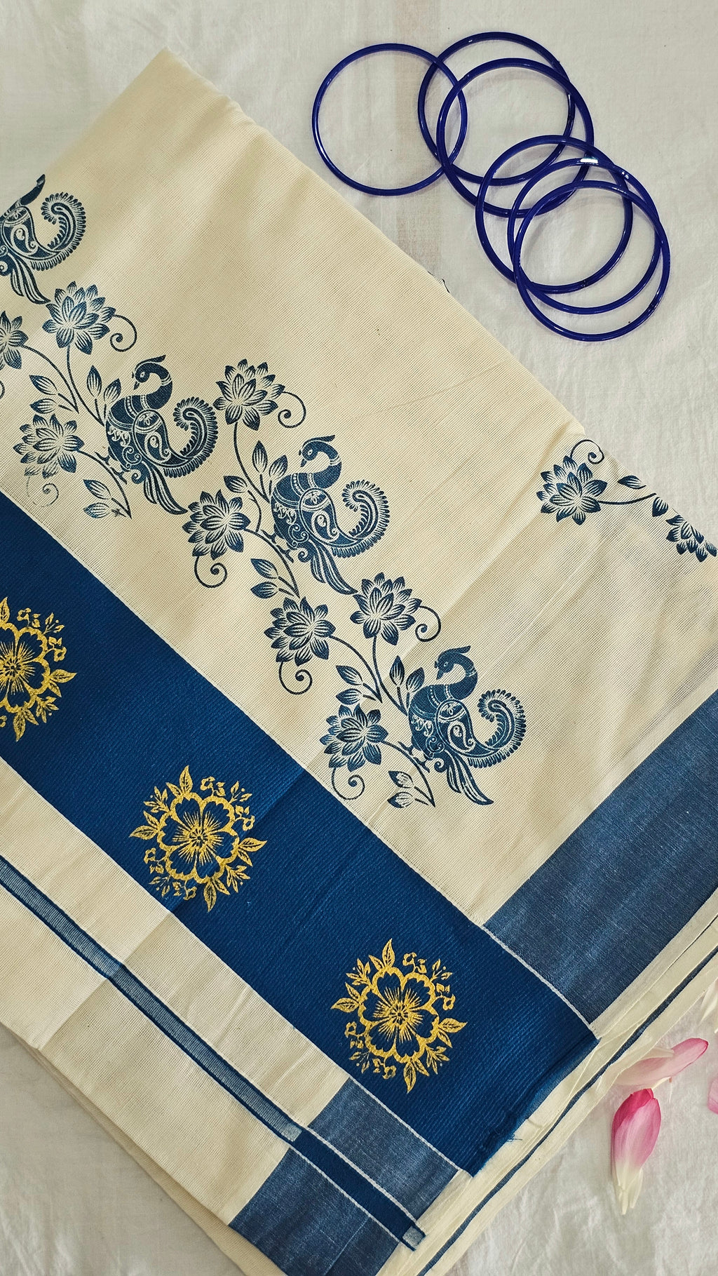 Blue floral motif Cotton set saree - KM318