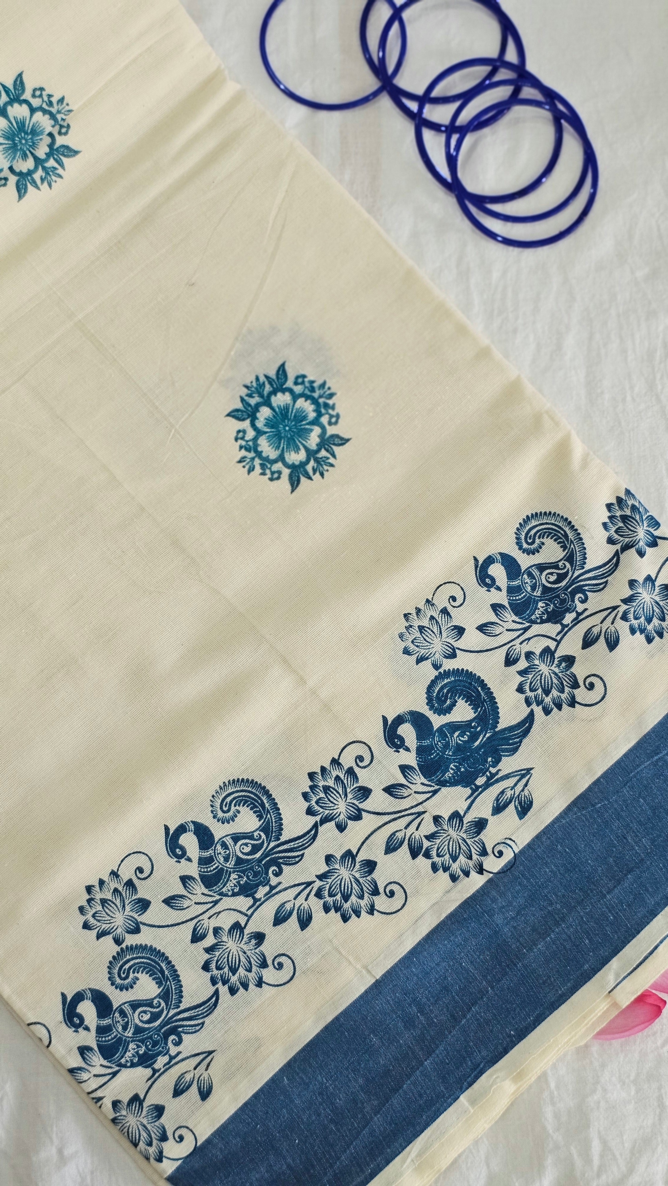 Blue floral motif Cotton set saree - KM318
