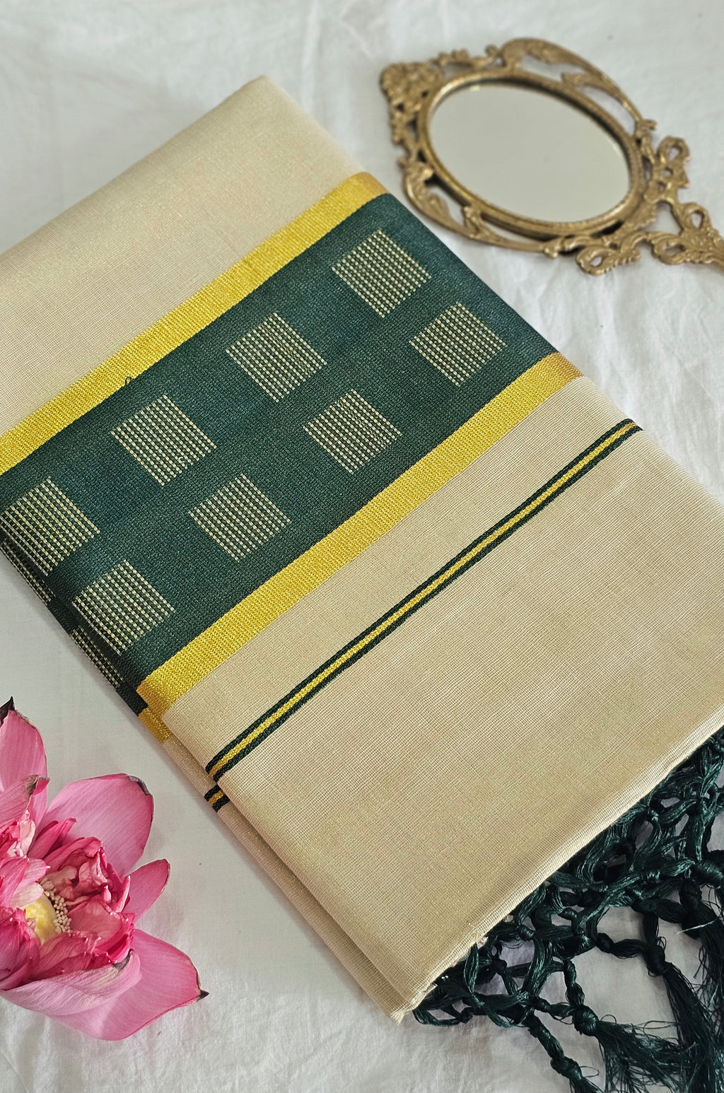 Kerala kasavu saree with green tassels - KM323