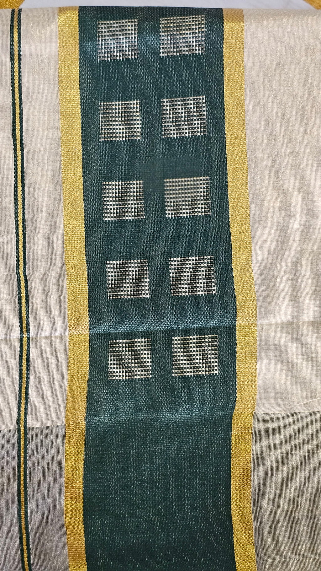Kerala kasavu saree with green tassels - KM323