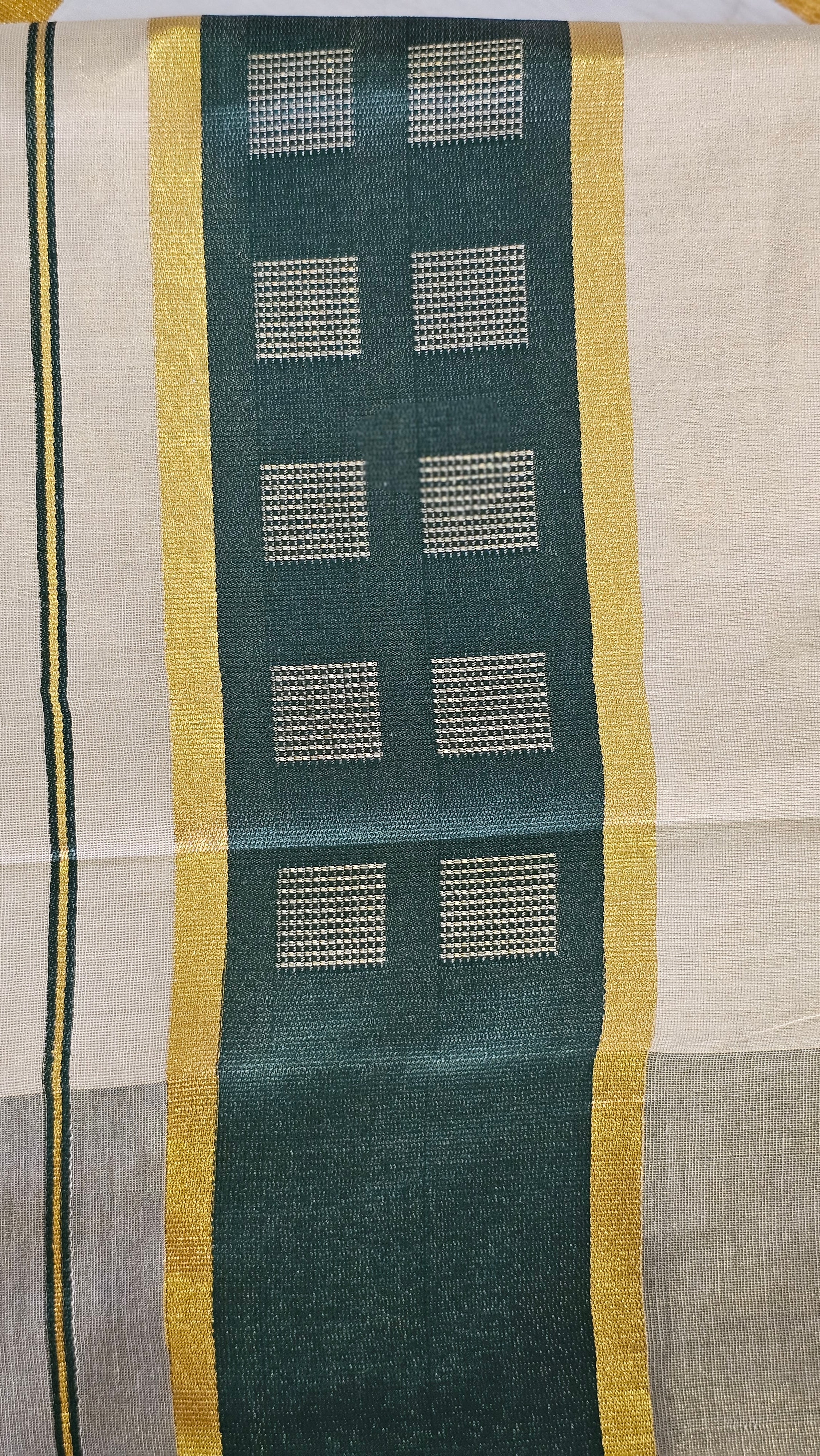 Kerala kasavu saree with green tassels - KM323