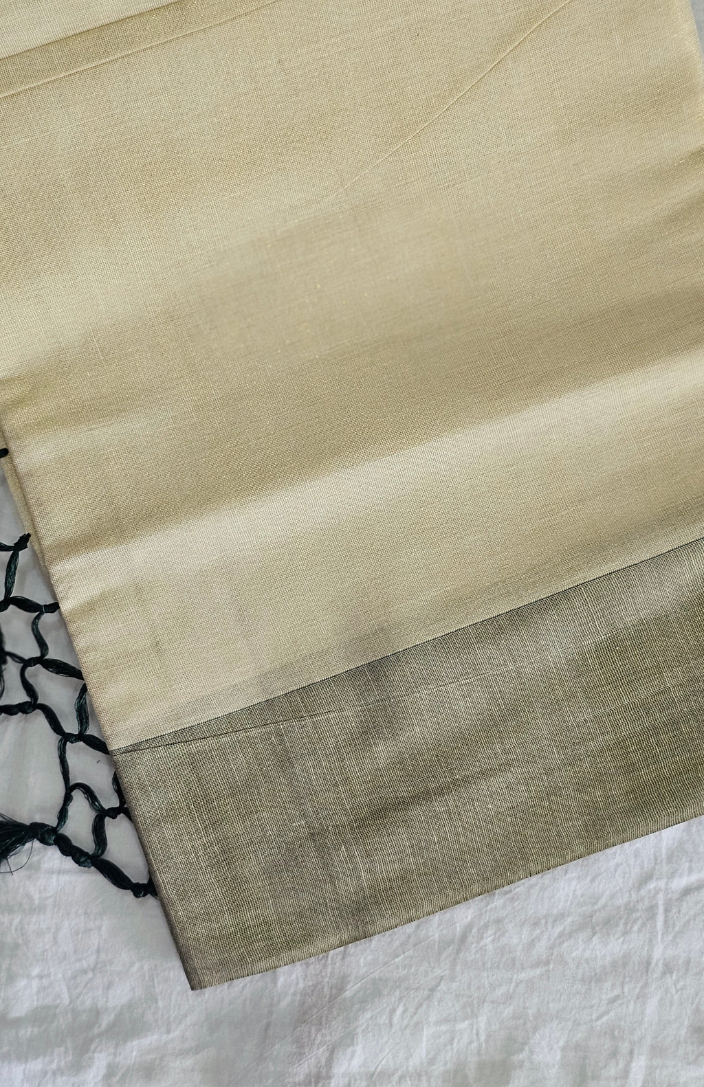 Kerala kasavu saree with green tassels - KM323