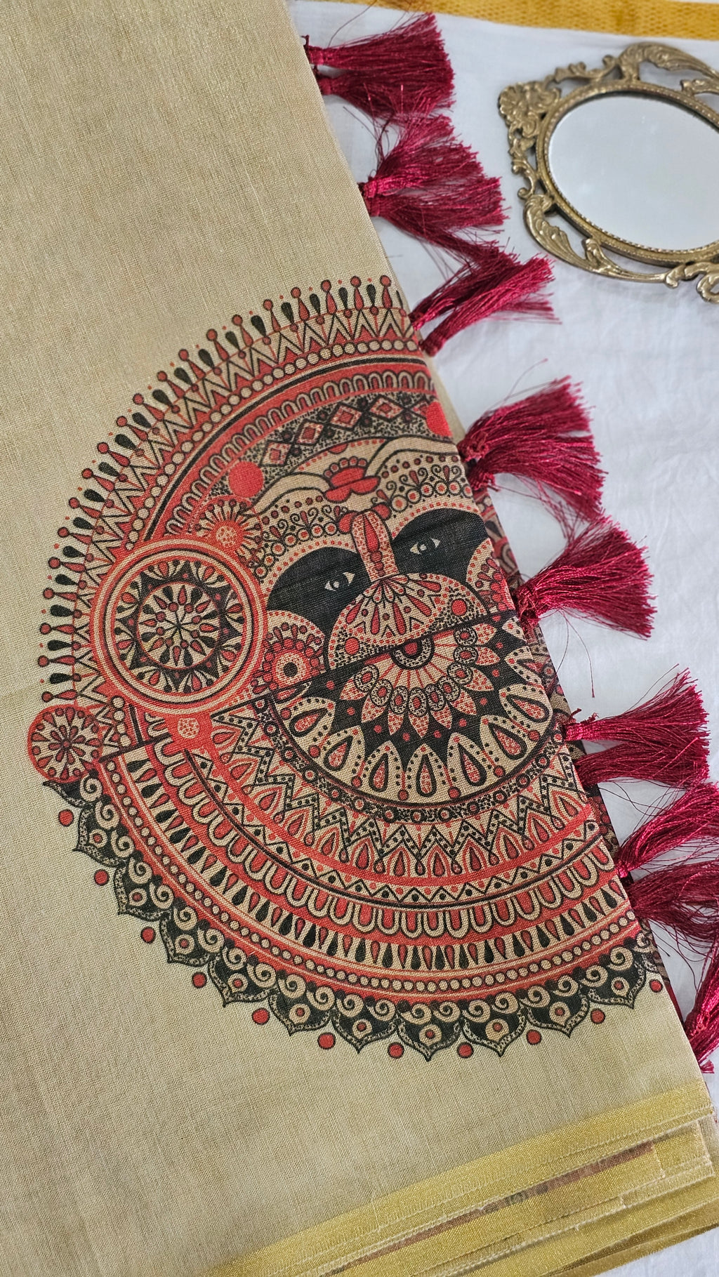 Rich mural print tissue saree with tassels - KM324