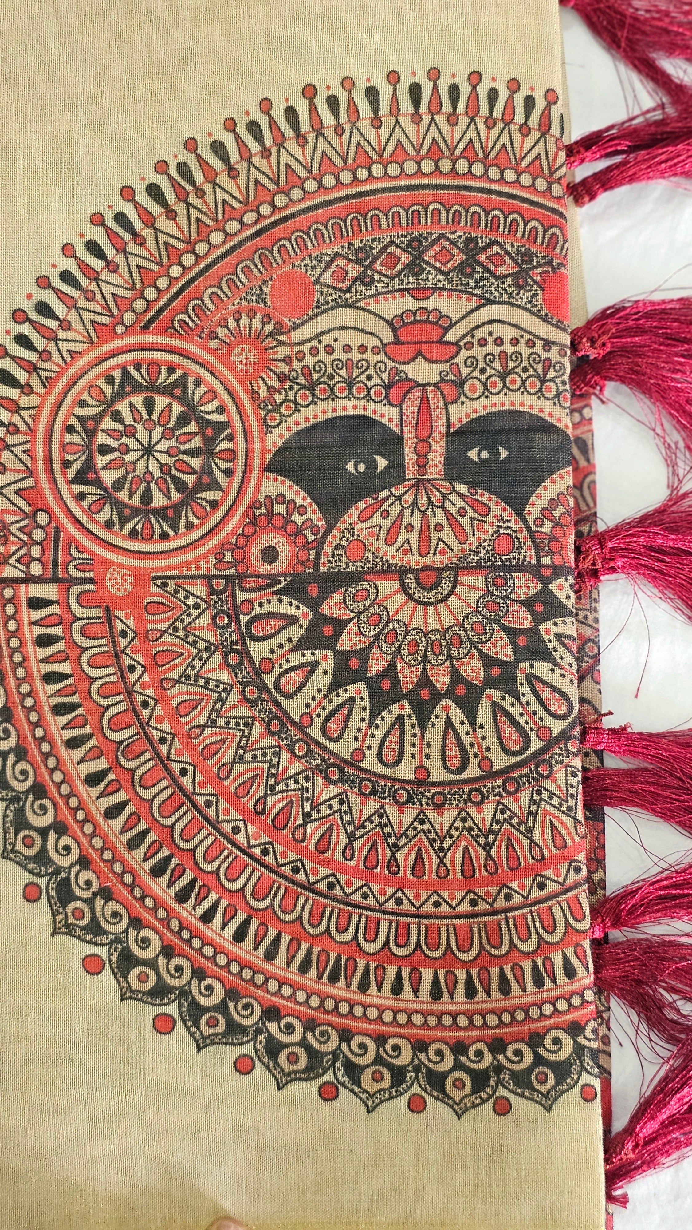 Rich mural print tissue saree with tassels - KM324