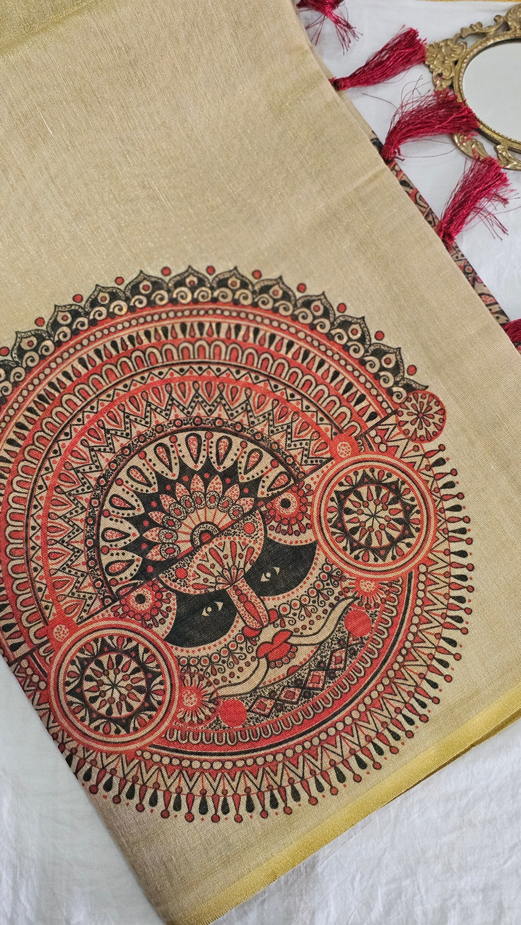 Rich mural print tissue saree with tassels - KM324