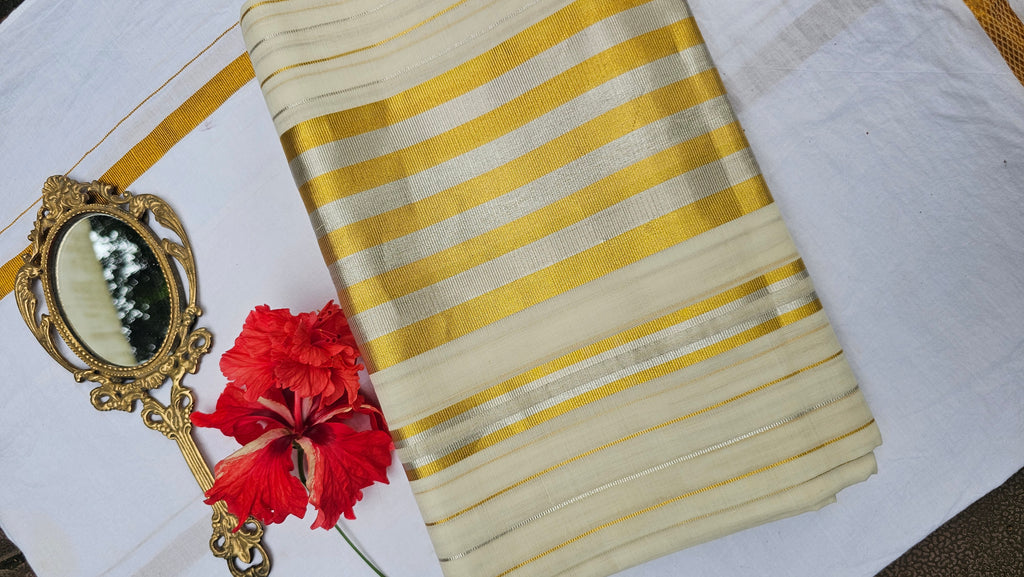 Balaramapuram Pure handloom set saree with silver and gold kasavu - KM326