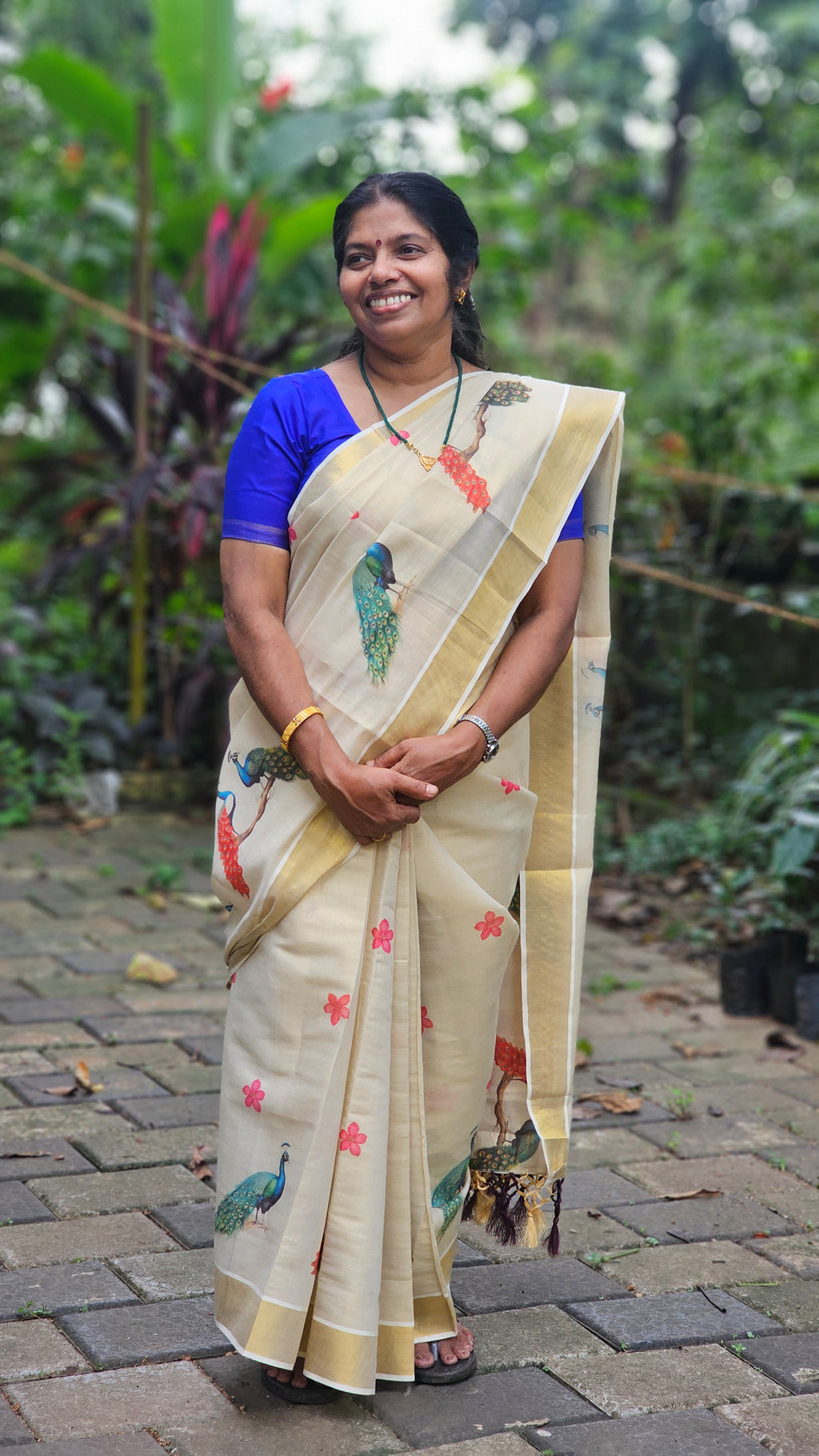 Peacock design Kerala tissue set saree with tassels - KM320