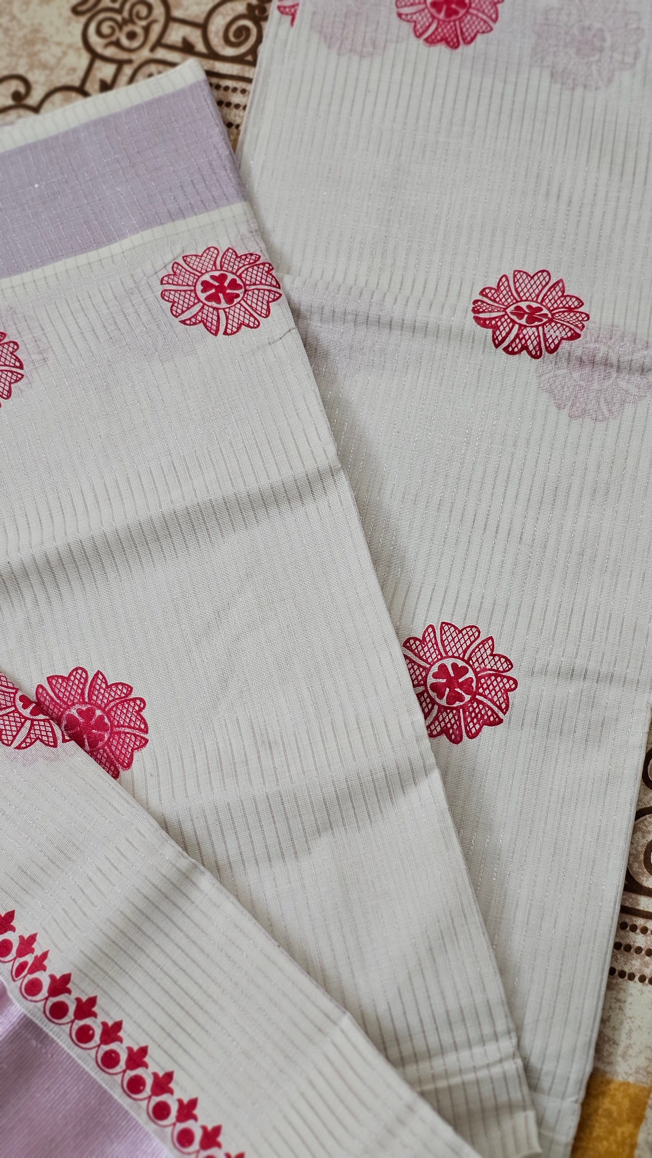 Cotton lines set mundu with rose copper kasavu - KM302