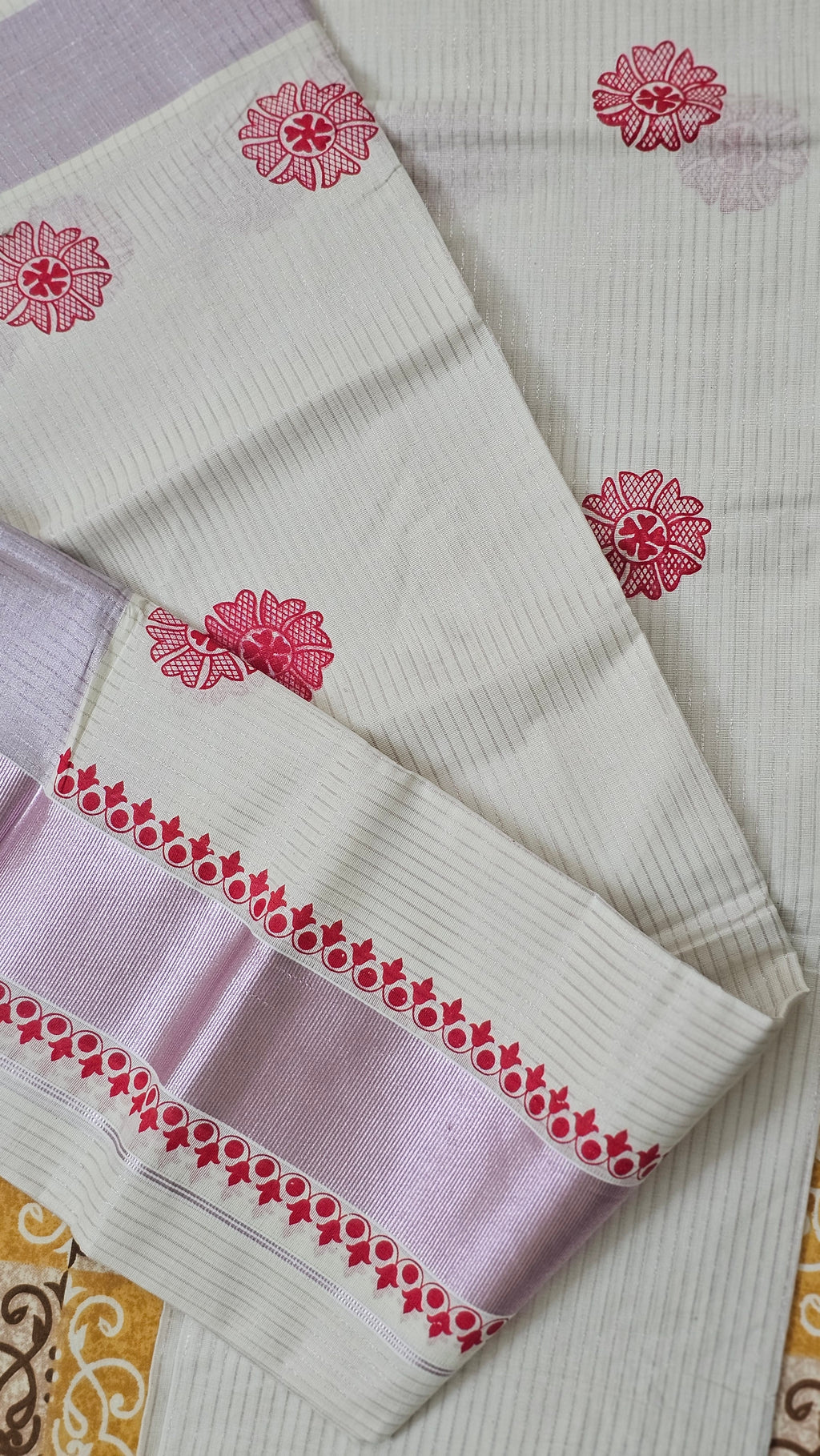 Cotton lines set mundu with rose copper kasavu - KM302