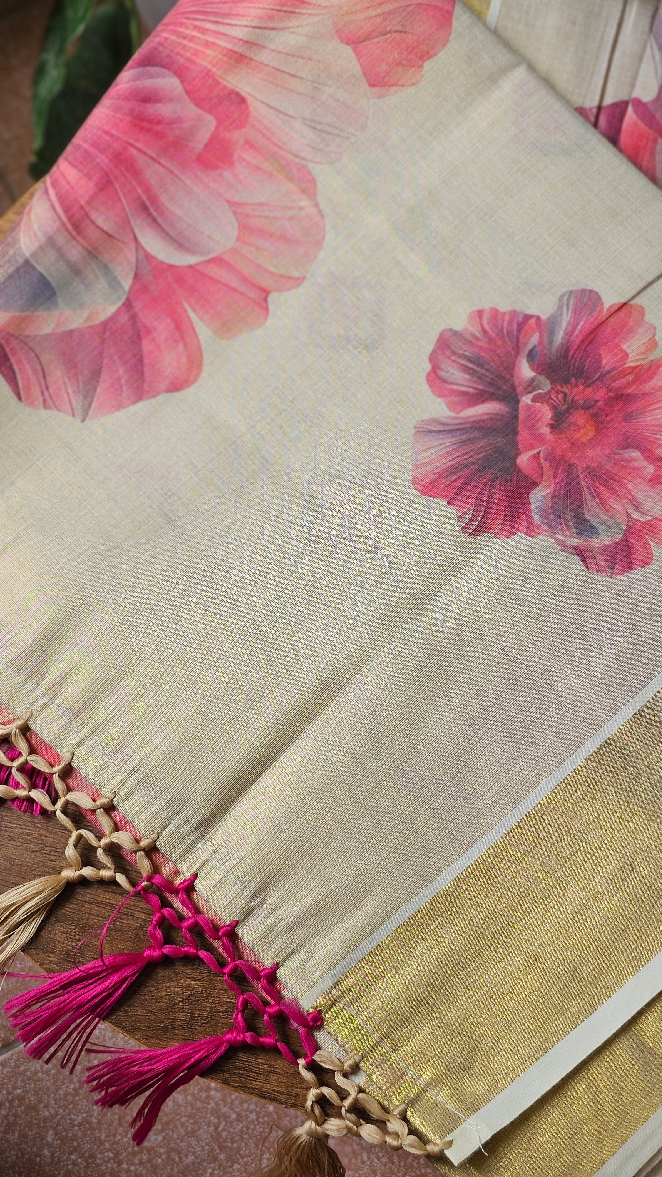 Pink floral digital printed tissue saree - KM331