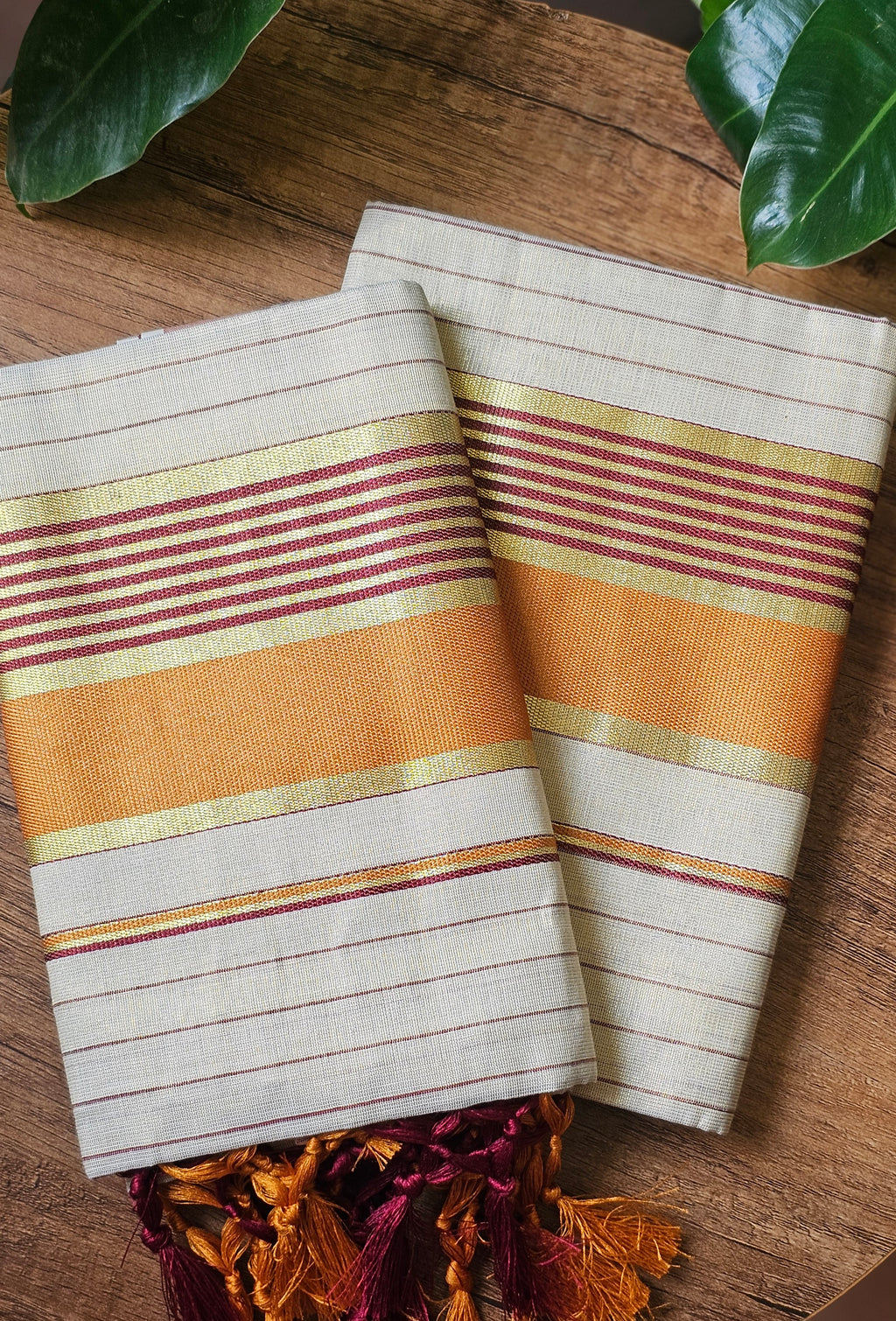 Orange & red border striped kasavu set mundu - KM332
