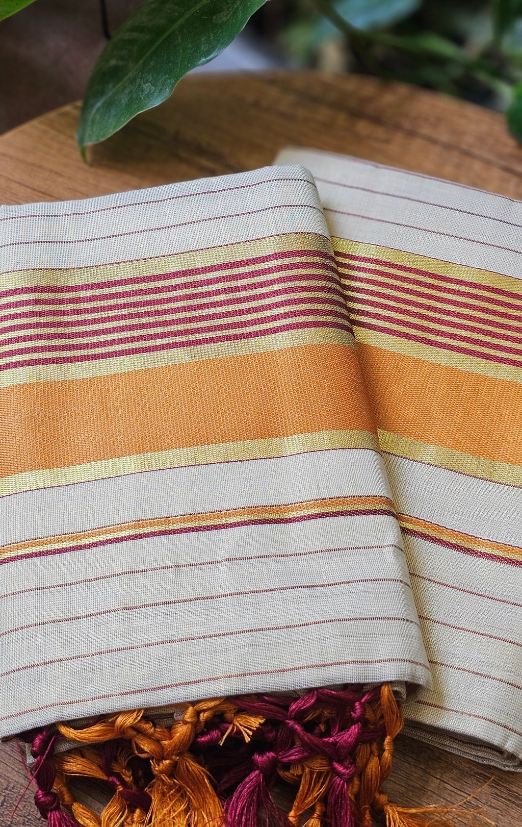 Orange & red border striped kasavu set mundu - KM332