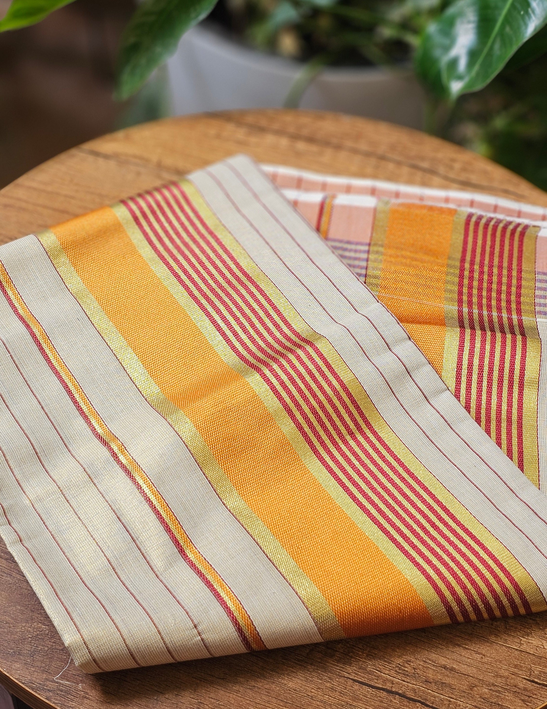 Orange & red border striped kasavu set mundu - KM332
