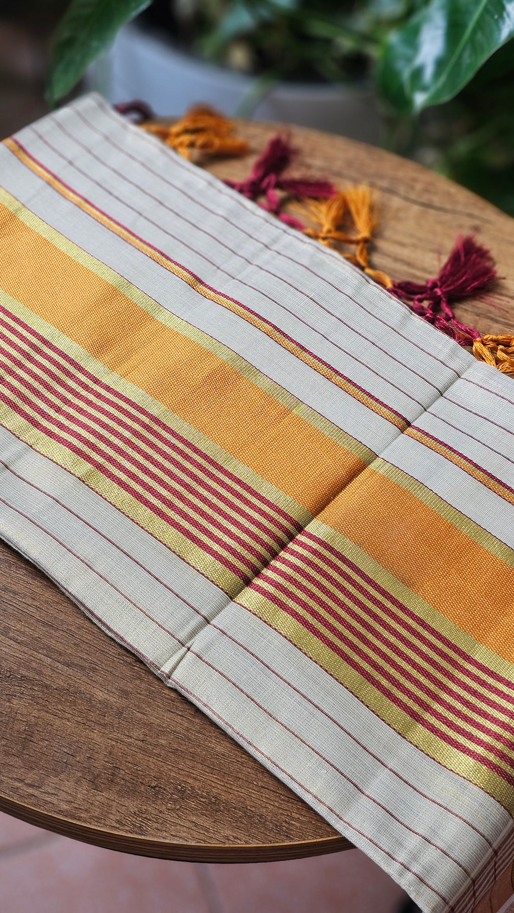Orange & red border striped kasavu set mundu - KM332
