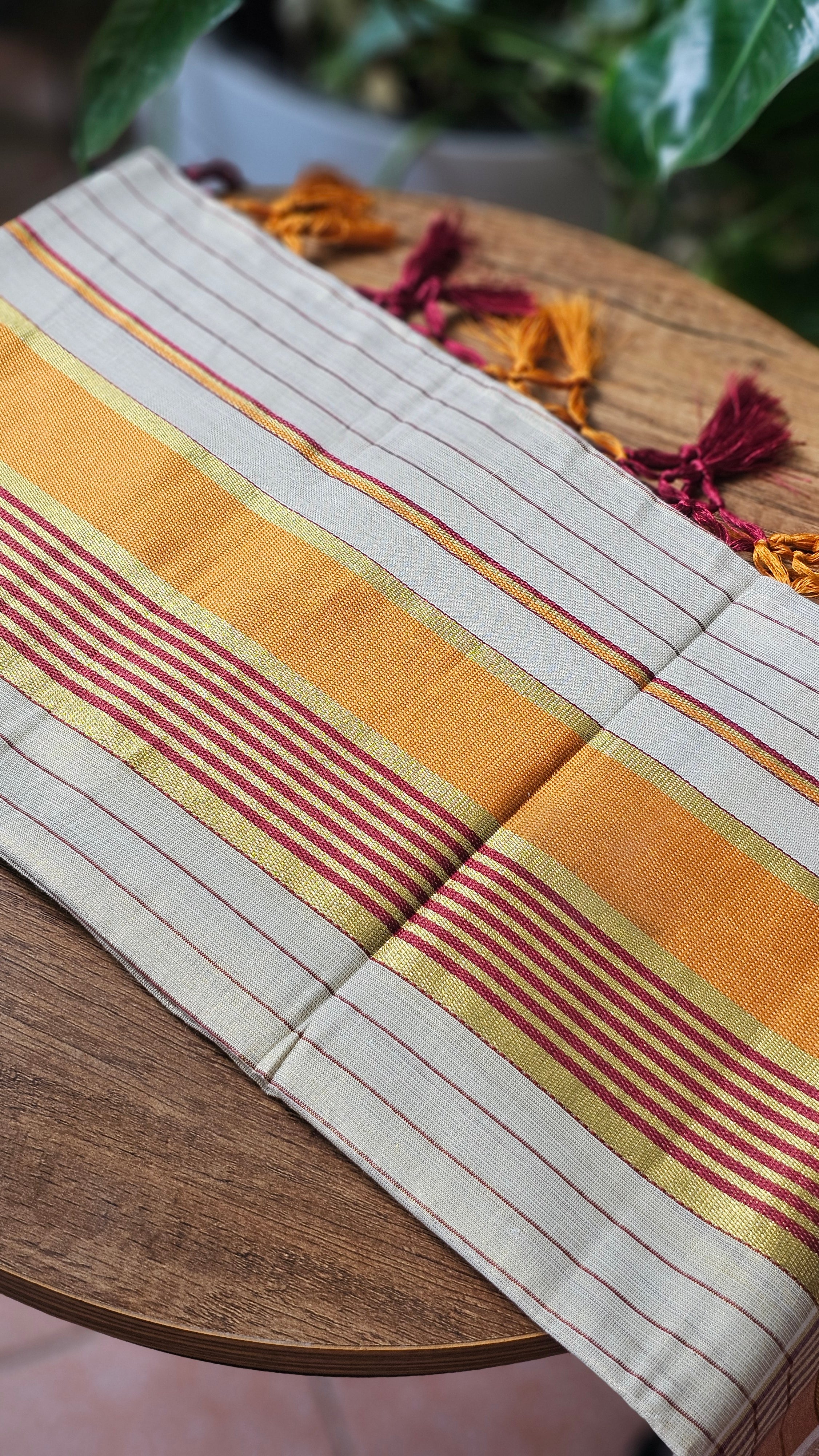 Orange & red border striped kasavu set mundu - KM332