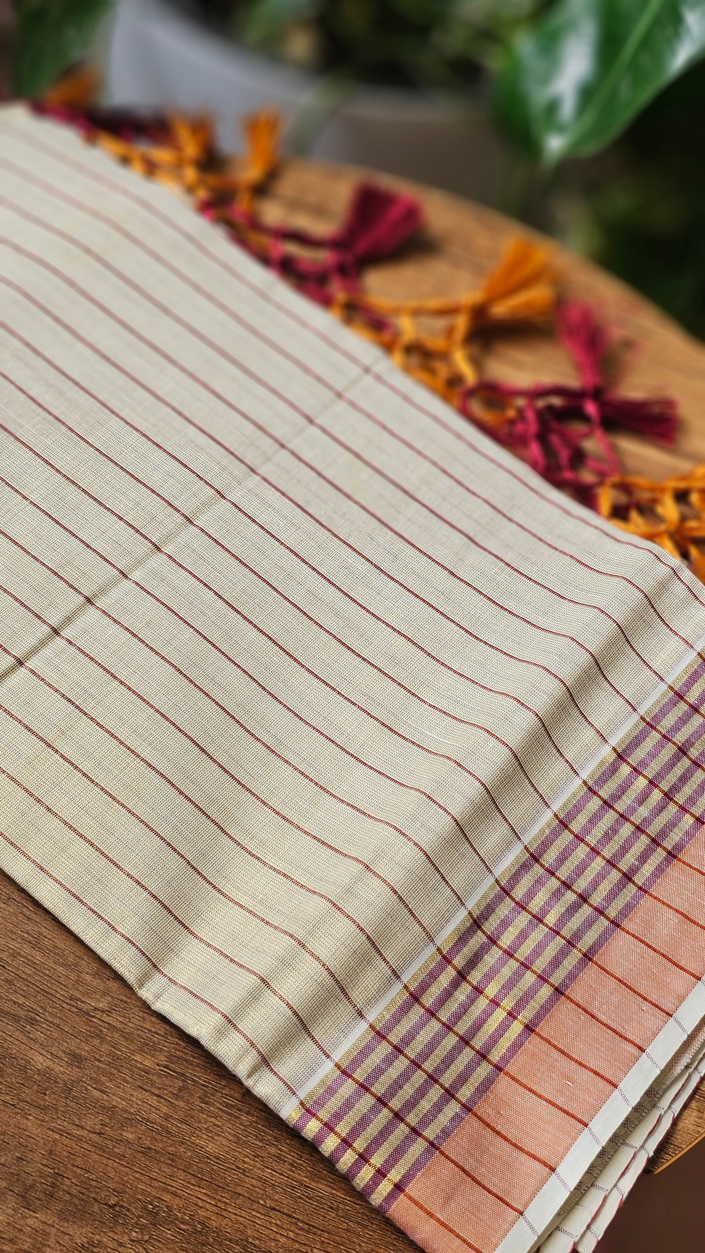 Orange & red border striped kasavu set mundu - KM332