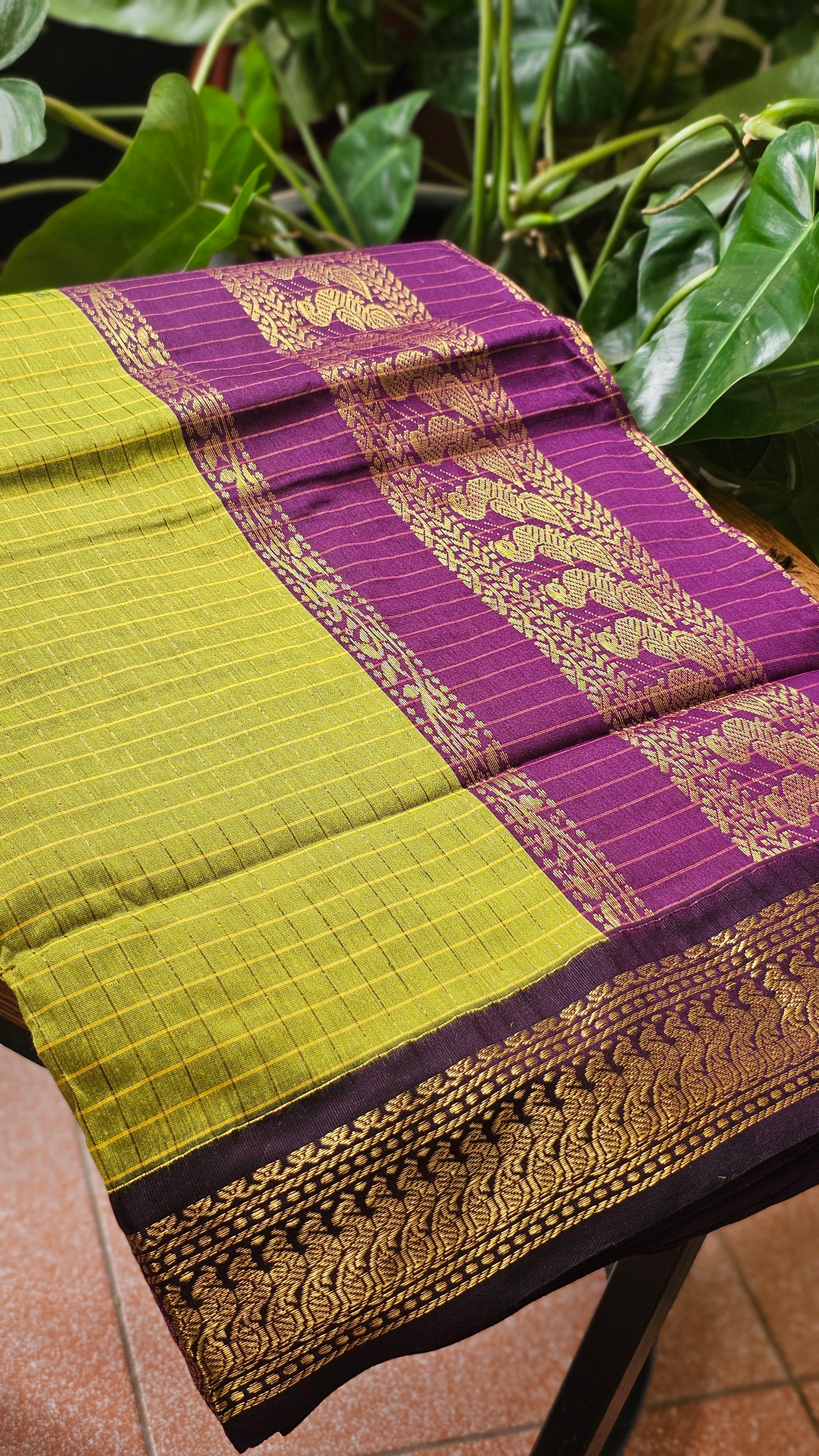 Green Checked Kalyani Cotton Saree- KM335
