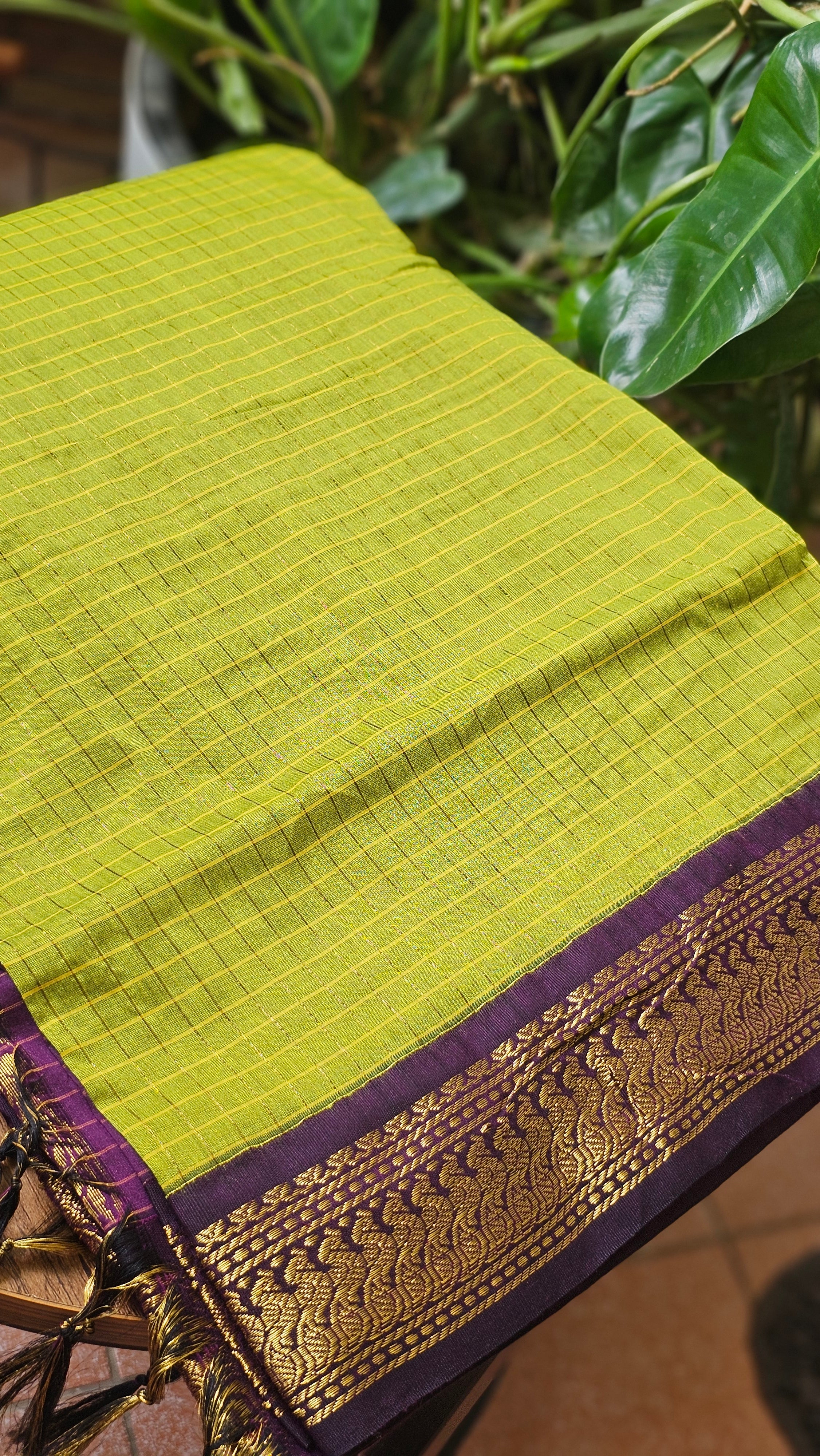 Green Checked Kalyani Cotton Saree- KM335