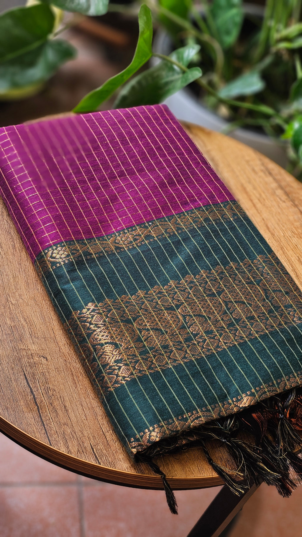 Green & Magenta Checked Kalyani Cotton Saree- KM336