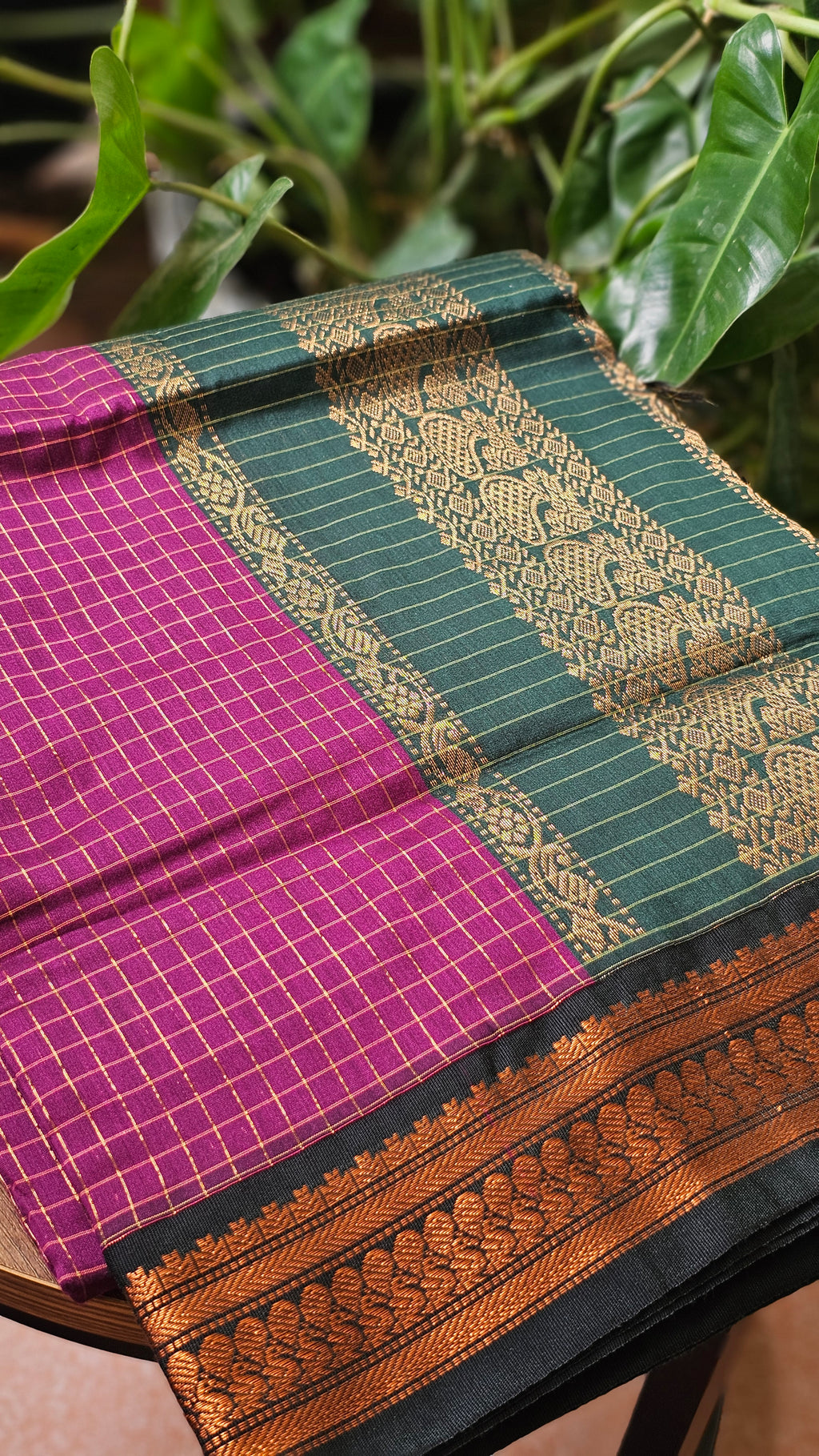 Green & Magenta Checked Kalyani Cotton Saree- KM336