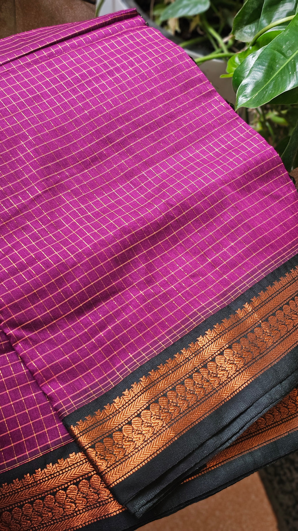 Green & Magenta Checked Kalyani Cotton Saree- KM336