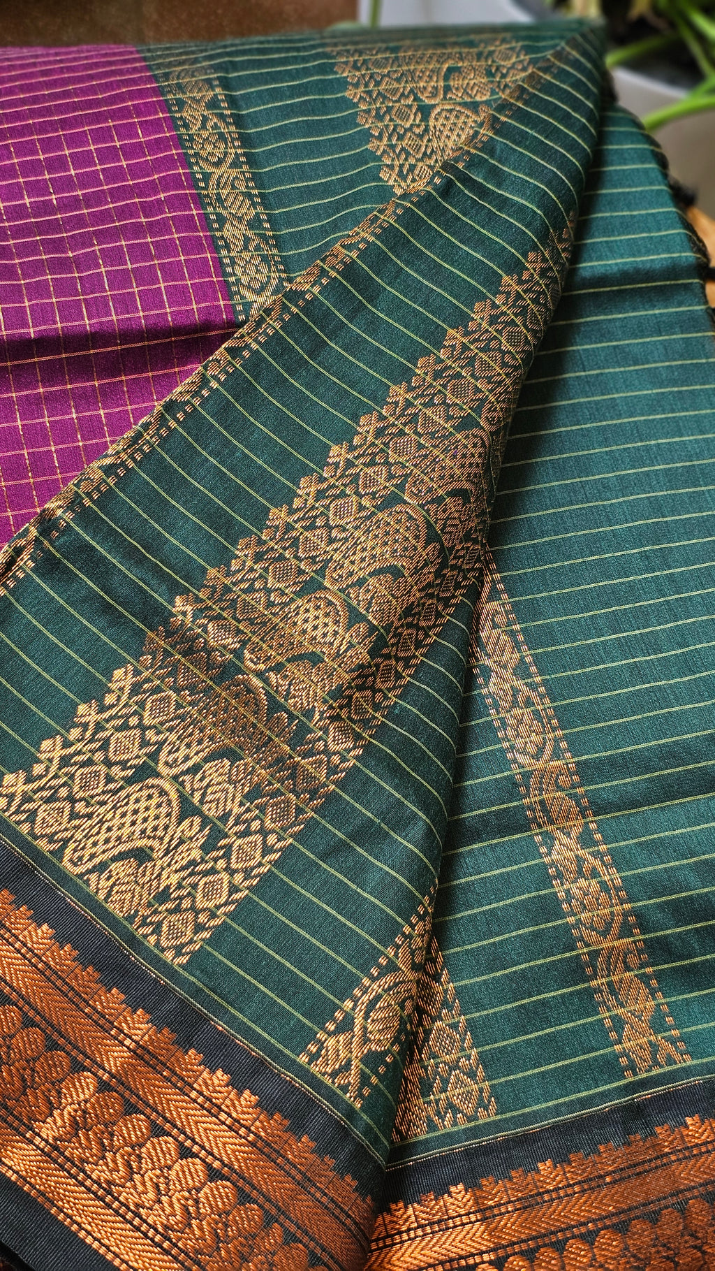 Green & Magenta Checked Kalyani Cotton Saree- KM336