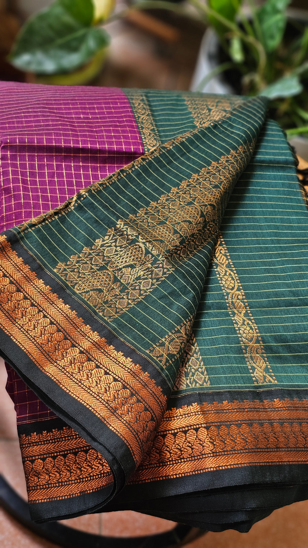 Green & Magenta Checked Kalyani Cotton Saree- KM336