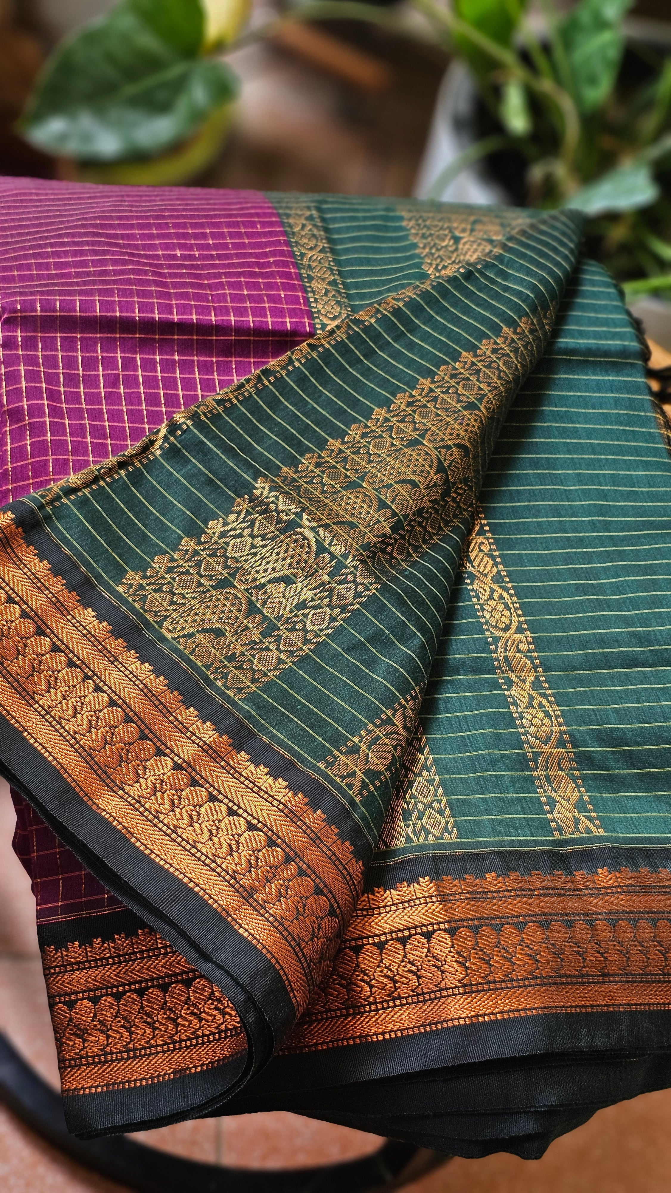 Green & Magenta Checked Kalyani Cotton Saree- KM336