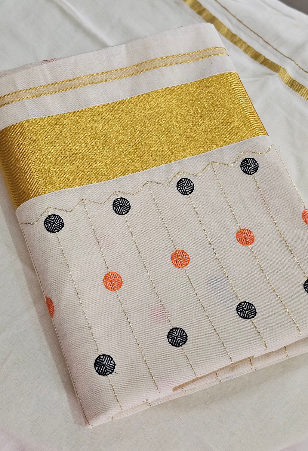 Black & orange embroidered motifs gold kasavu saree - KM 415